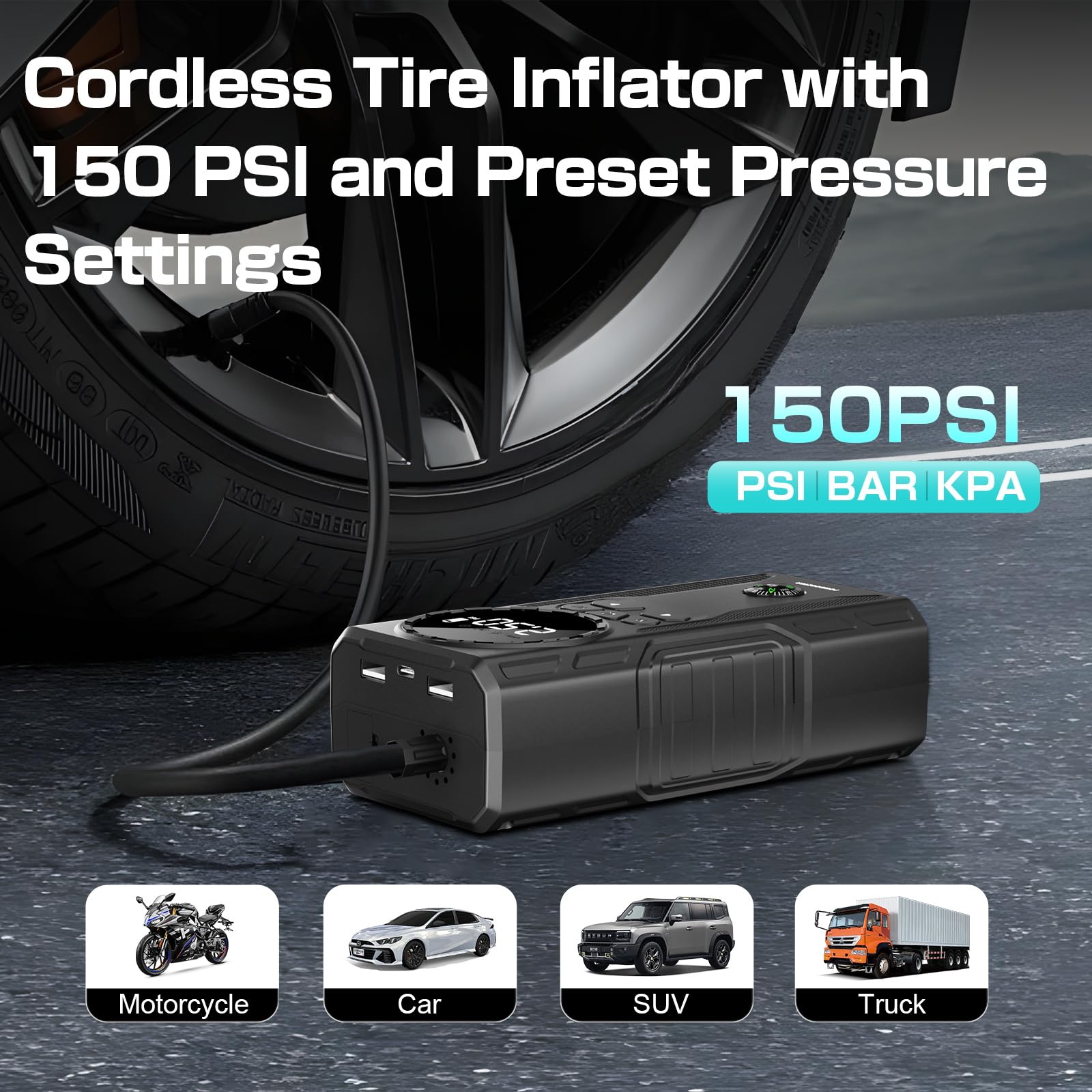 3500A Portable Car Jump Starter with Air Compressor - Emergency Battery Booster for All Gas & 8.0L Diesel Engines, Tire Inflator with LCD Display, USB Ports & LED Flashlight - Perfect for Roadside Emergencies, Camping & Outdoor Adventures