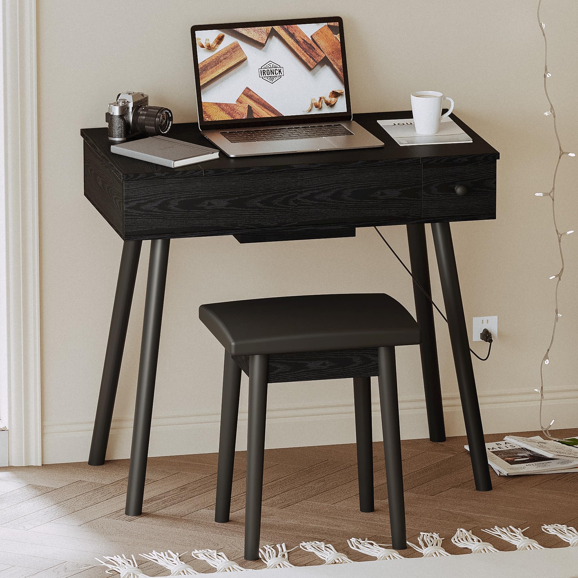 IRONCK LED Vanity Desk with Mirror & Outlet - Makeup Table for Bedroom