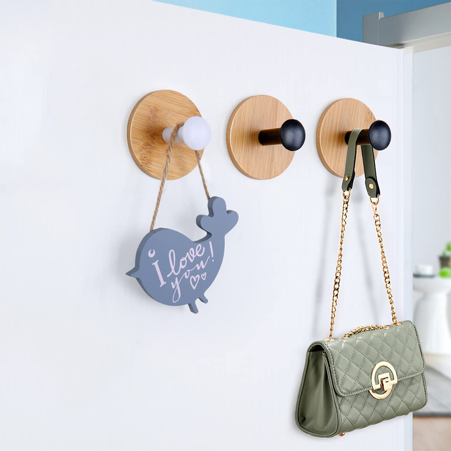BeiLeiNiceHK Self Adhesive Hooks - 4 Pack Heavy Duty Reusable Bamboo Robe Hooks for Wall, No Drilling Seamless Hanging Solution - Perfect for Bedroom, Kitchen, Bathroom Organization (White) | Space Saving Home & Office Storage Solution