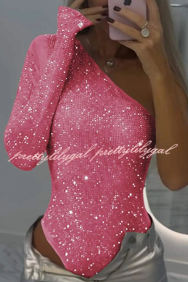 Elegant Solid Color Sequined One Shoulder Slim Fit Romper for Women - Perfect for Parties, Night Out, and Special Occasions