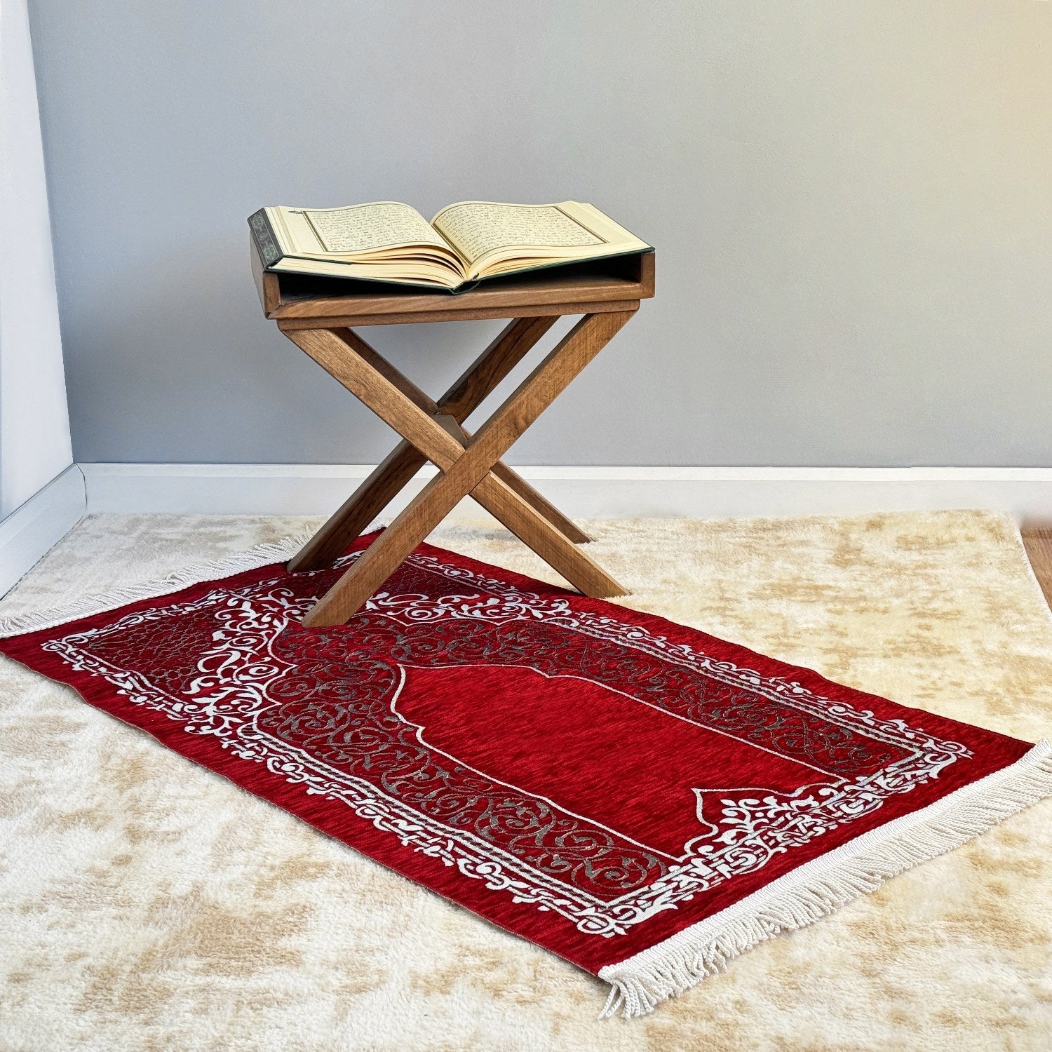 Premium Red Prayer Mat and Tasbih Beads Set - Islamic Prayer Rug with Non-Slip Backing, Perfect for Daily Salah, Eid Gifts & Home Decor