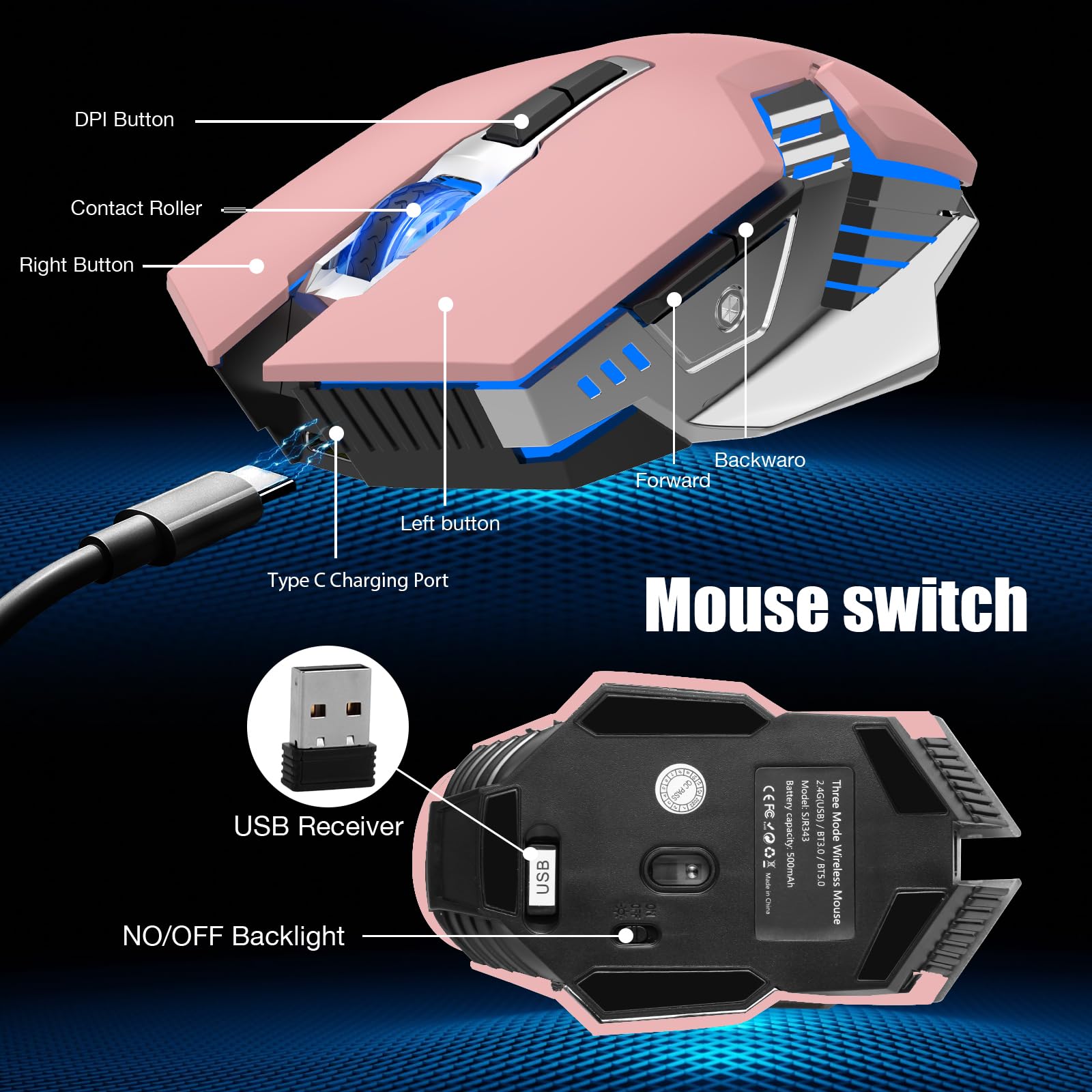 Bluetooth Wireless Mouse - Silent Rechargeable Multi-Device Mouse with RGB Lighting, BT5.0/3.0 & USB Connectivity for PC, Mac, MacBook Air/Pro, iPad - Perfect for Office Work, Gaming & Tablet Use (Pink)