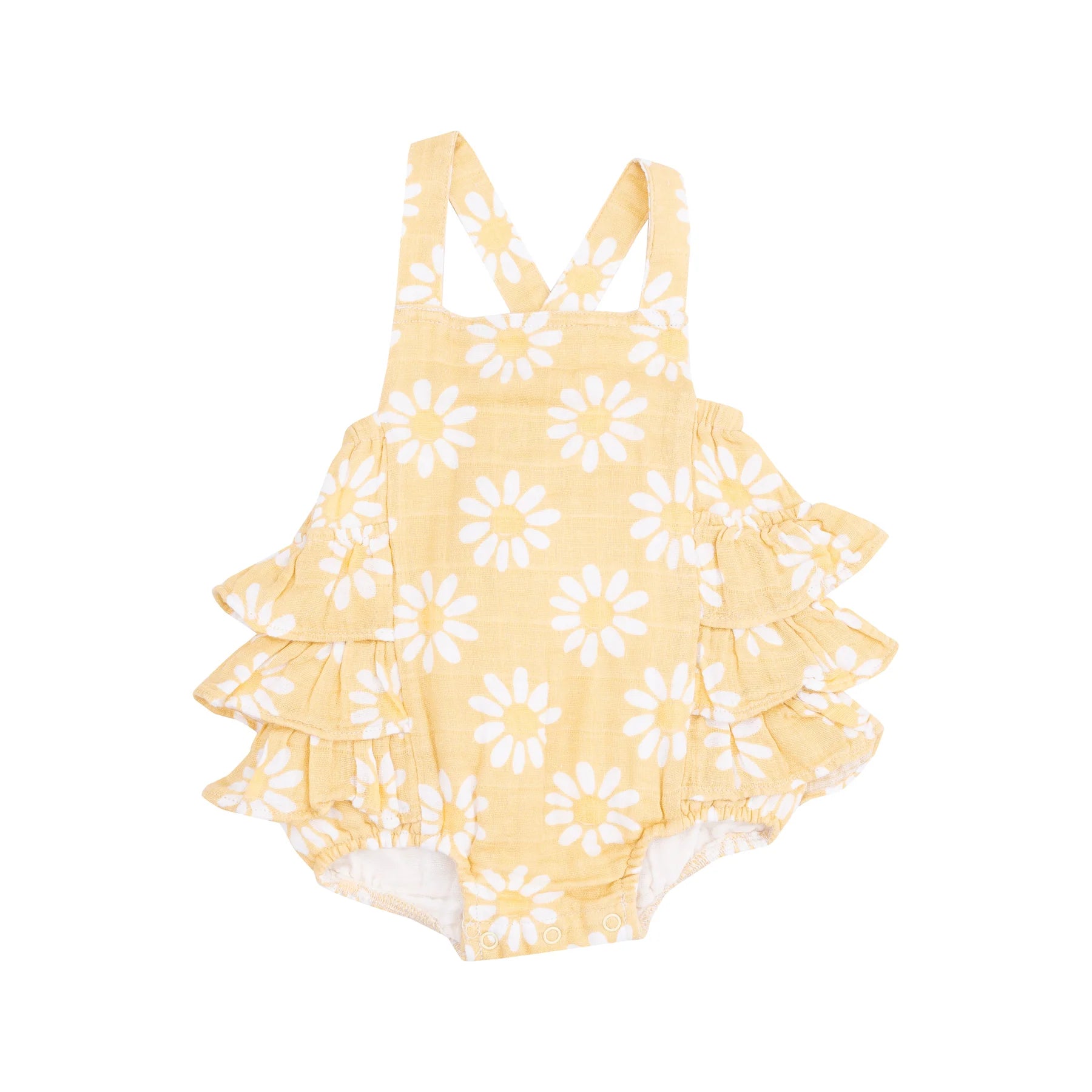 Yellow Mod Daisy Ruffle Sunsuit for Baby Girls | Cute Summer Romper with Floral Design | Perfect for Beach, Pool & Outdoor Play