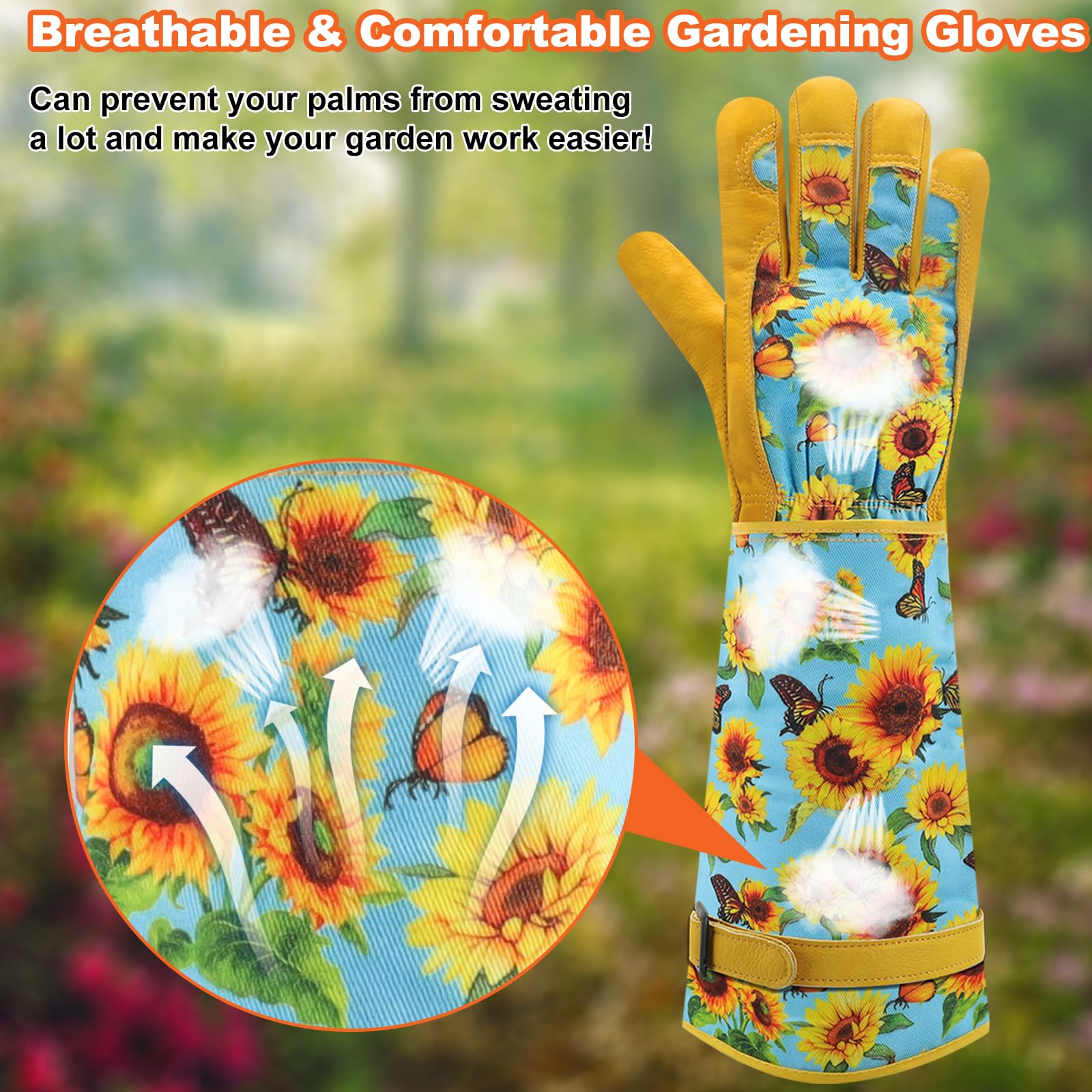 DLY Women's Gardening Gloves - Thorn Proof Rose Gloves, Breathable Cowhide Leather Gauntlet for Gardening (Medium, Blue) | Perfect for Rose Pruning, Weeding & Outdoor Yard Work