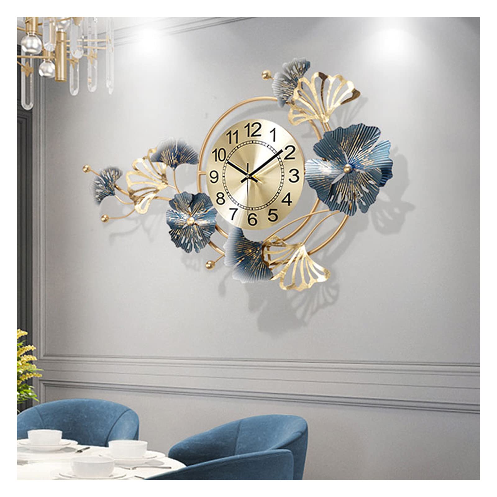 QWEEI 75x45CM Large Metal Sunburst Wall Clock - Modern 3D Ginkgo Leaf Design, Silent Non-Ticking Quartz Clock for Living Room, Bedroom & Office Decor | Perfect Home Wall Art & Unique Gift Idea