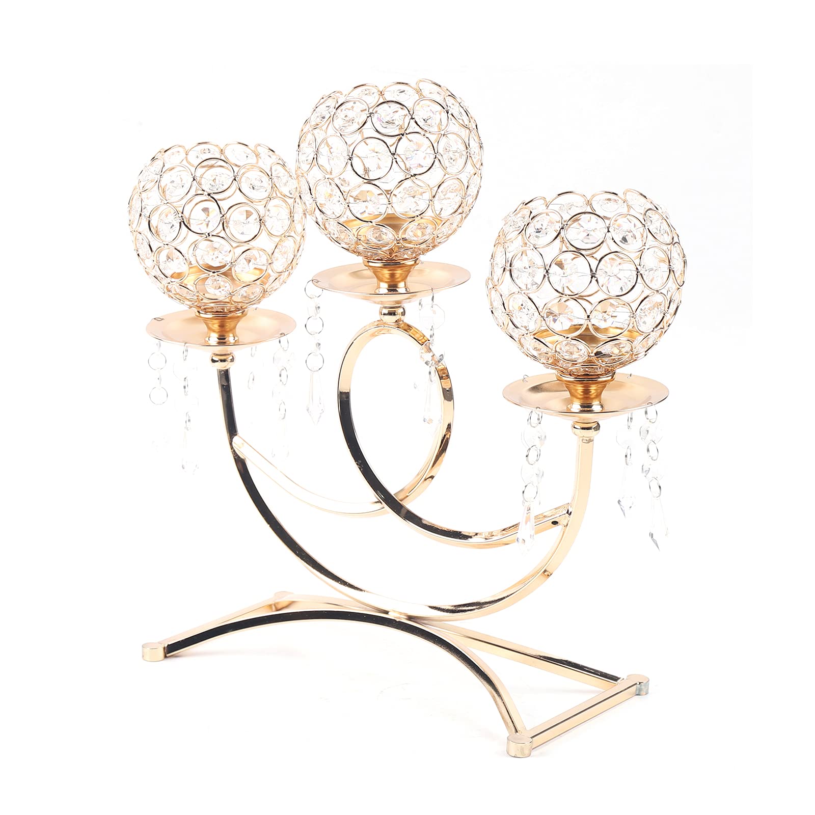 3 Arms Golden Crystal Candle Holder - Elegant Votive Candle Stand for Wedding Banquet, Dinner Table, Fireplace & Halloween Decor - Perfect Centerpiece for Romantic Tea Light Candles & Holiday Gift Giving