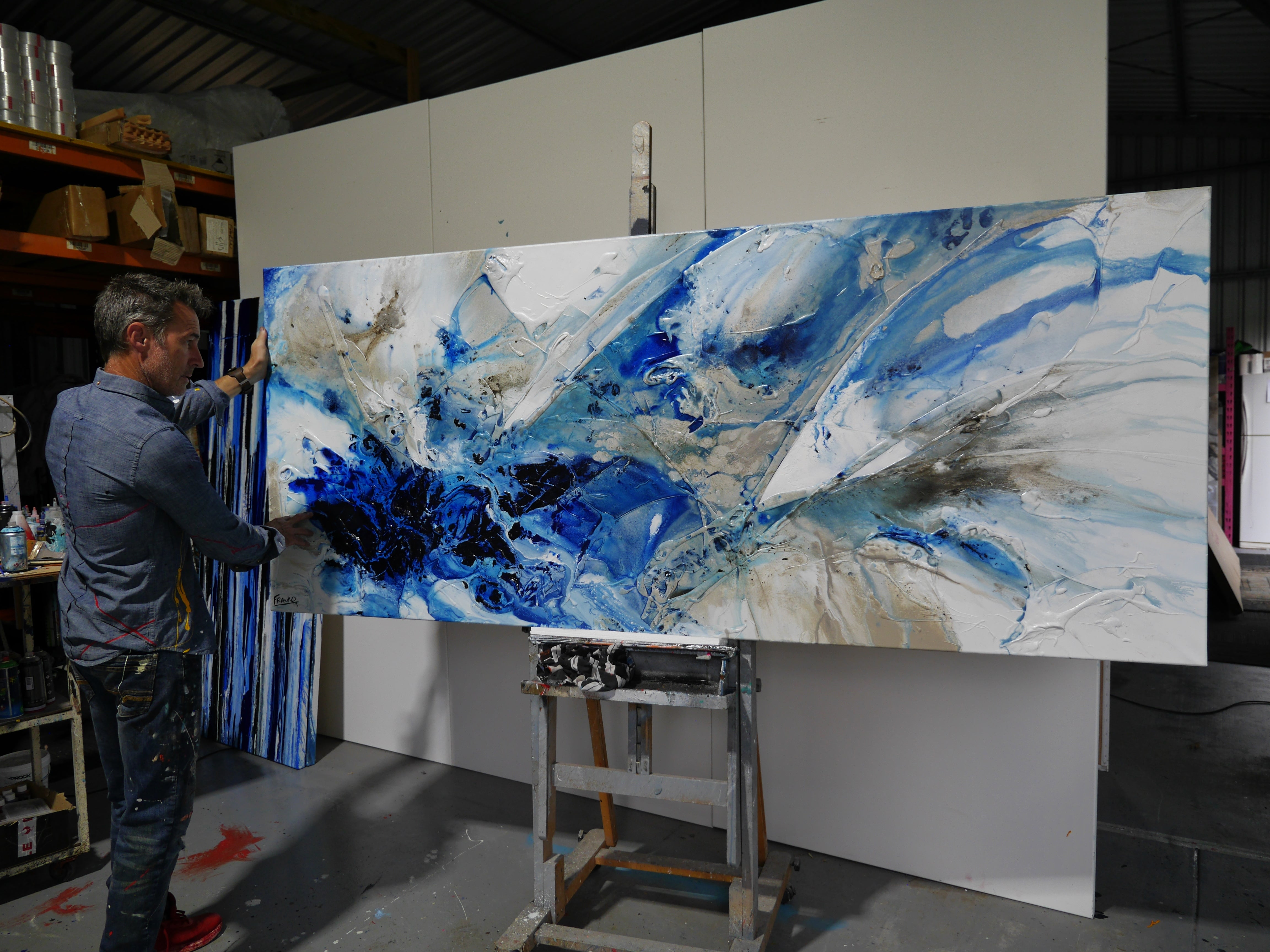 Denim Casbah 240cm x 100cm Textured Abstract Canvas Art - Modern Blue Wall Decor for Living Room, Bedroom & Office