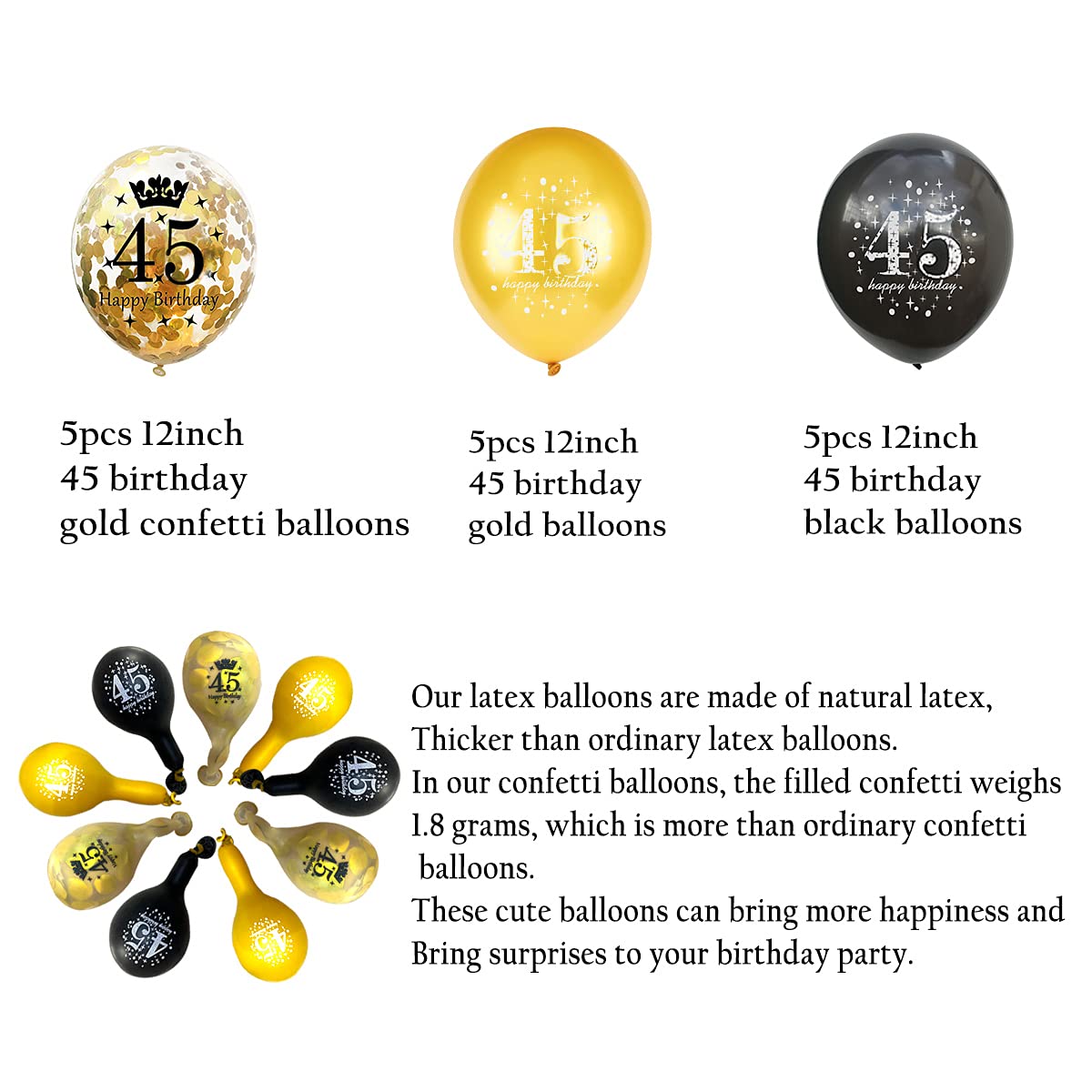 Jonhamwelbor 45th Birthday Balloons - 15pcs 12 Inch Black & Gold Confetti Printed Latex Balloons for Men & Women's 45th Birthday Party Decorations - Perfect for Anniversary Celebrations, Milestone Parties & Photo Backdrops