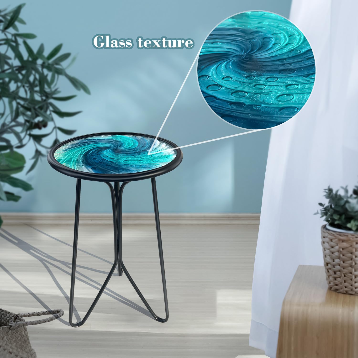 LIFFY 12-Inch Blue Glass Round Metal Patio Side Table - Small End Table for Outdoor, Porch, Balcony & Indoor Decor - Perfect for Coffee, Drinks & Plants