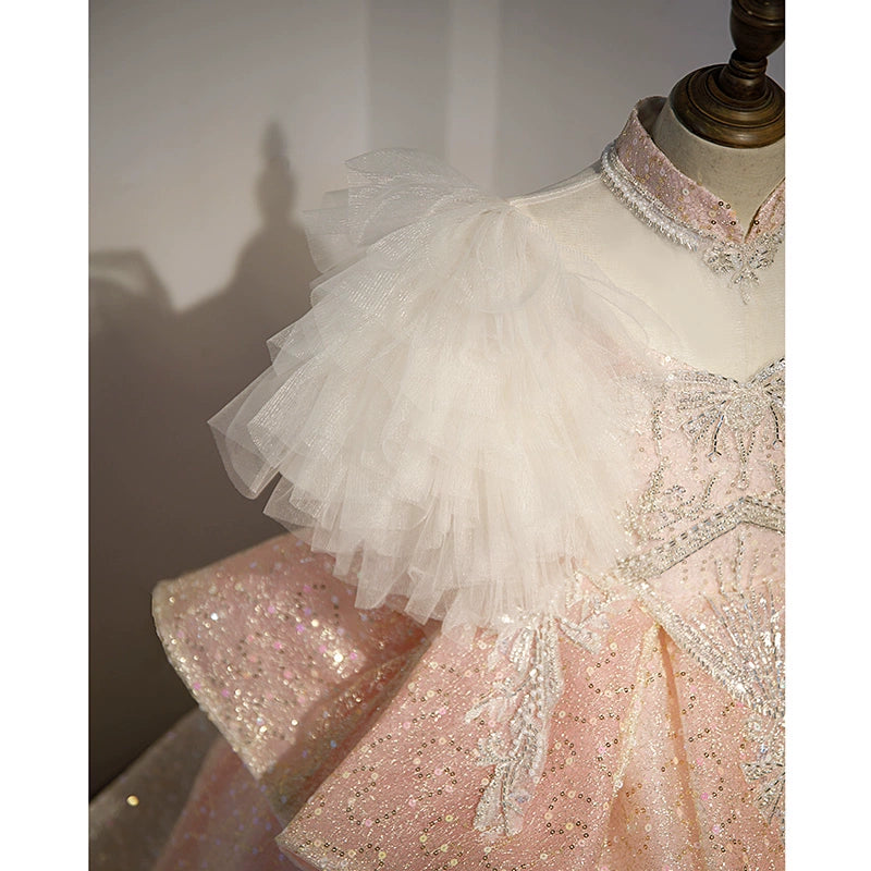 Pink Princess Sweetheart Floor-Length Sequined Flower Girl Dress for Weddings, Pageants & Special Occasions