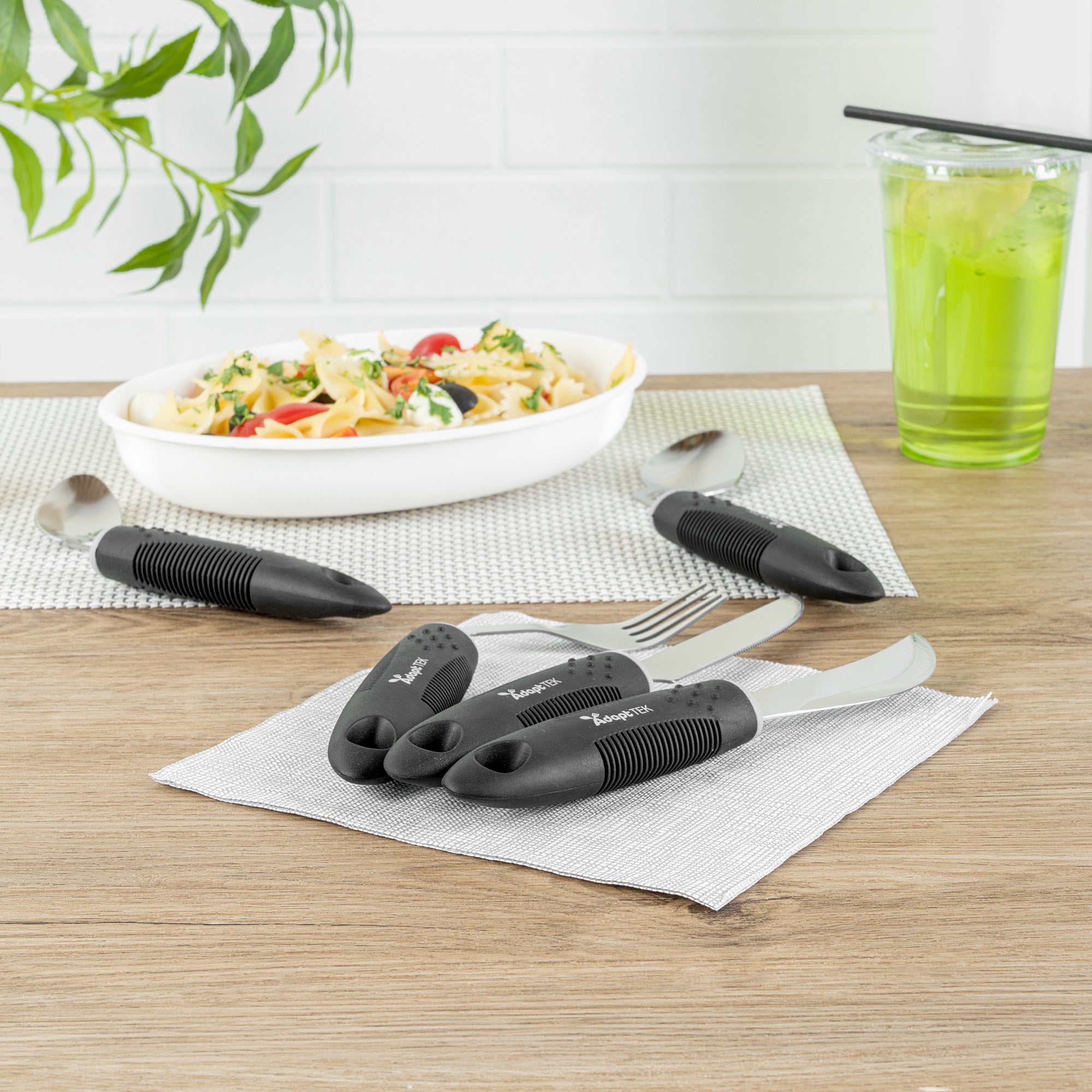 Adapt Tek Black Stainless Steel 5-Piece Adaptive Offset Utensil Set for Left-Handed Users - Lightweight, Non-Slip Grip, Ergonomic Design - Ideal for Arthritis, Limited Mobility & Elderly Care (1 Count) - Perfect for Cooking, Dining & Assisted Living