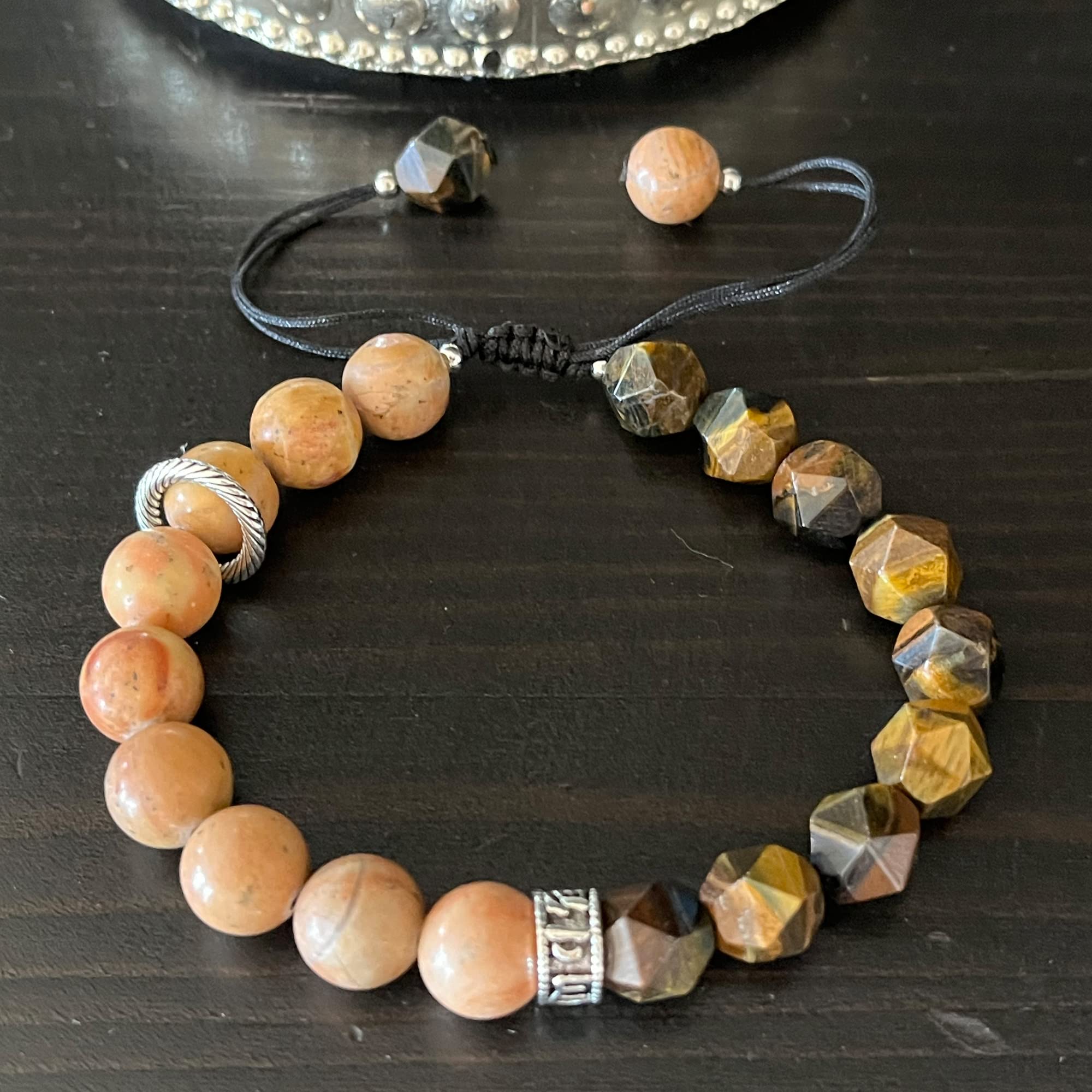 Natural Gemstone Beads Bracelets for Men - Brown Tiger Eye Adjustable 7-9 Inch, Semi-Precious Stone Chakra Healing Grounding Bracelet for Meditation, Anxiety Relief & Spiritual Wellness - Perfect for Yoga, Mindfulness Practice and Daily Wear