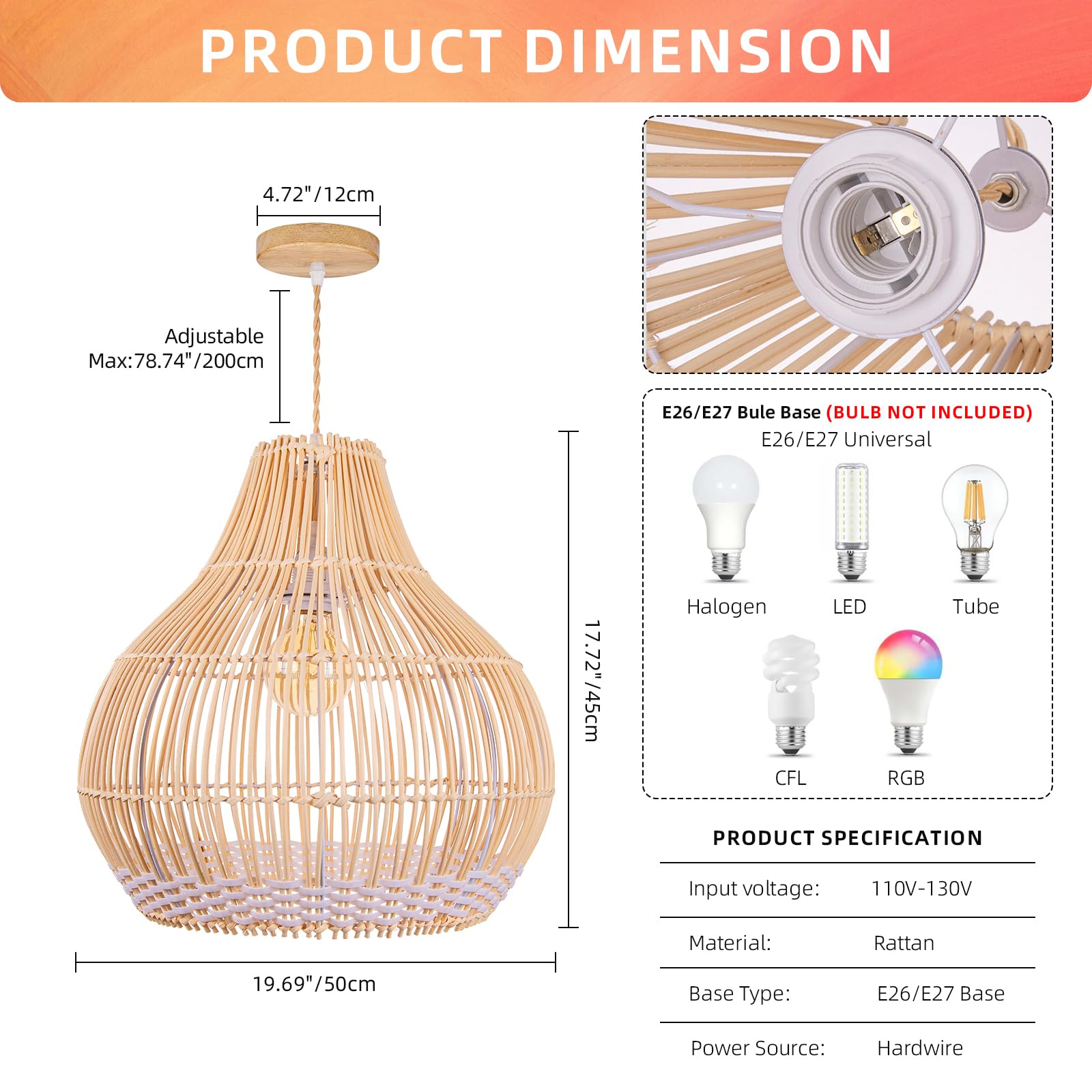 Arturesthome Coastal Rattan Pendant Light - Handmade Woven Wicker Chandelier for Kitchen Island, Living Room & Bedroom - White Round Ceiling Lamp with Natural Texture - Perfect for Farmhouse, Boho & Coastal Decor Styles