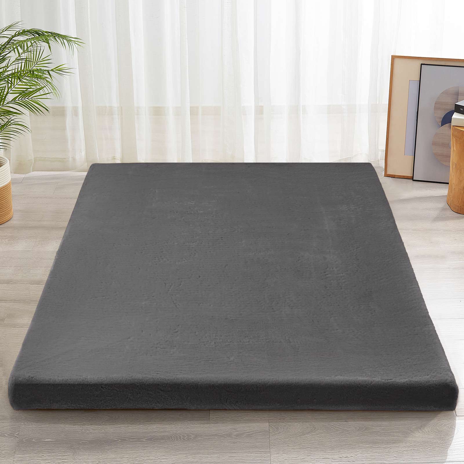 MAXYOYO Faux Fur Removable Futon Mattress - Soft Fluffy Couch Bed for Lounging, Napping & Sleeping - Dark Grey | Perfect for Living Room, Dorm, Guest Room & Home Decor