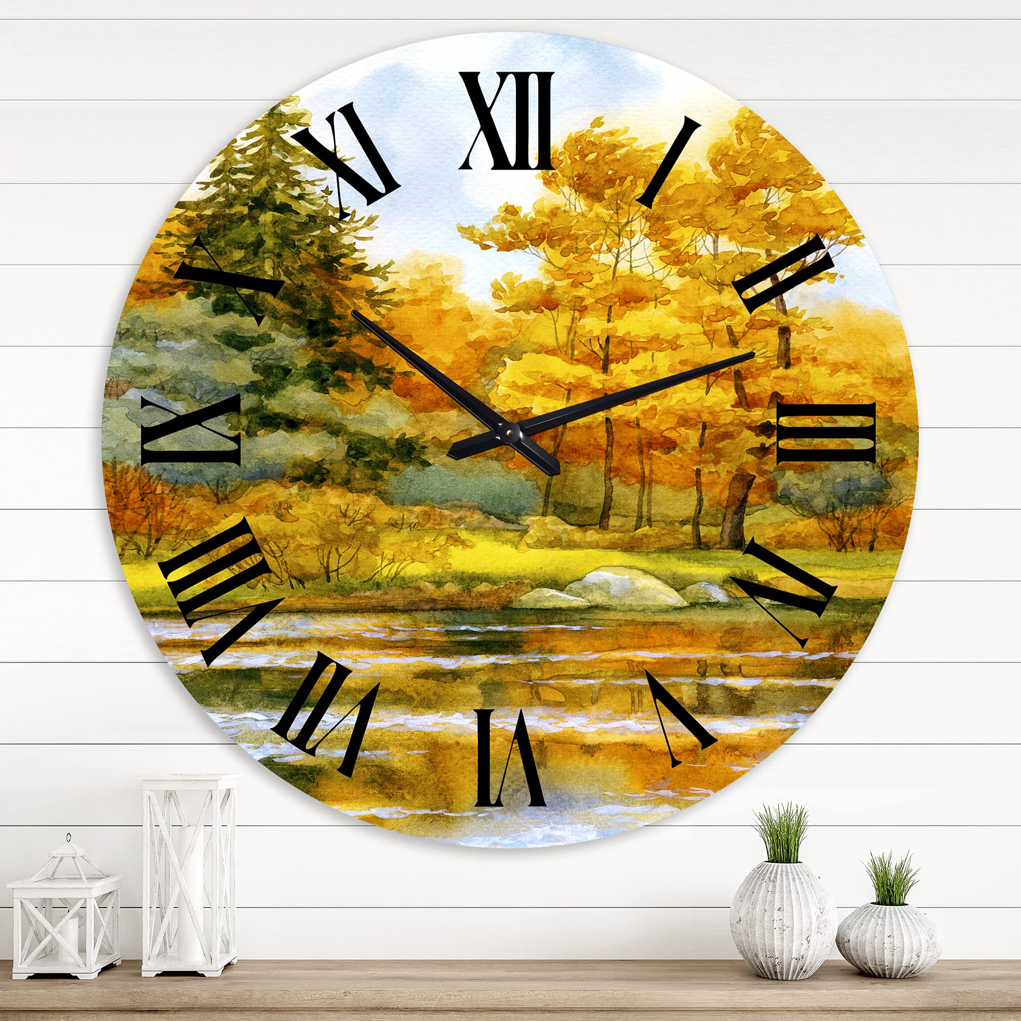 Lake House Wall Clock - 'Autumnal Forest by The Lake Side II' Large Landscape Nature Wall Clock for Home & Office Decor | Perfect for Living Room, Bedroom, Cabin, or Lake House