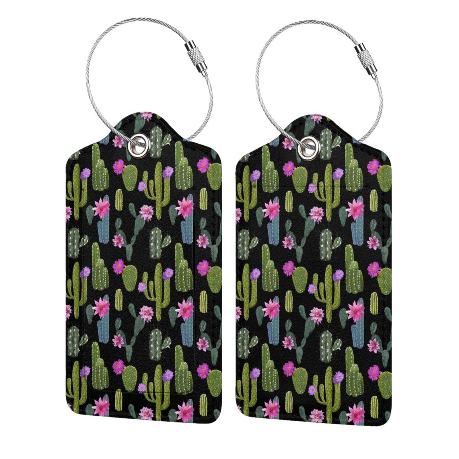 4 Pack Cactus Flower PU Leather Luggage Tags with Stainless Steel Loop - Stylish Privacy Cover ID Label for Suitcases - Perfect Travel Accessories for Women, Men & Kids (Great Gift Idea for Airplane, Cruise & Business Trips)
