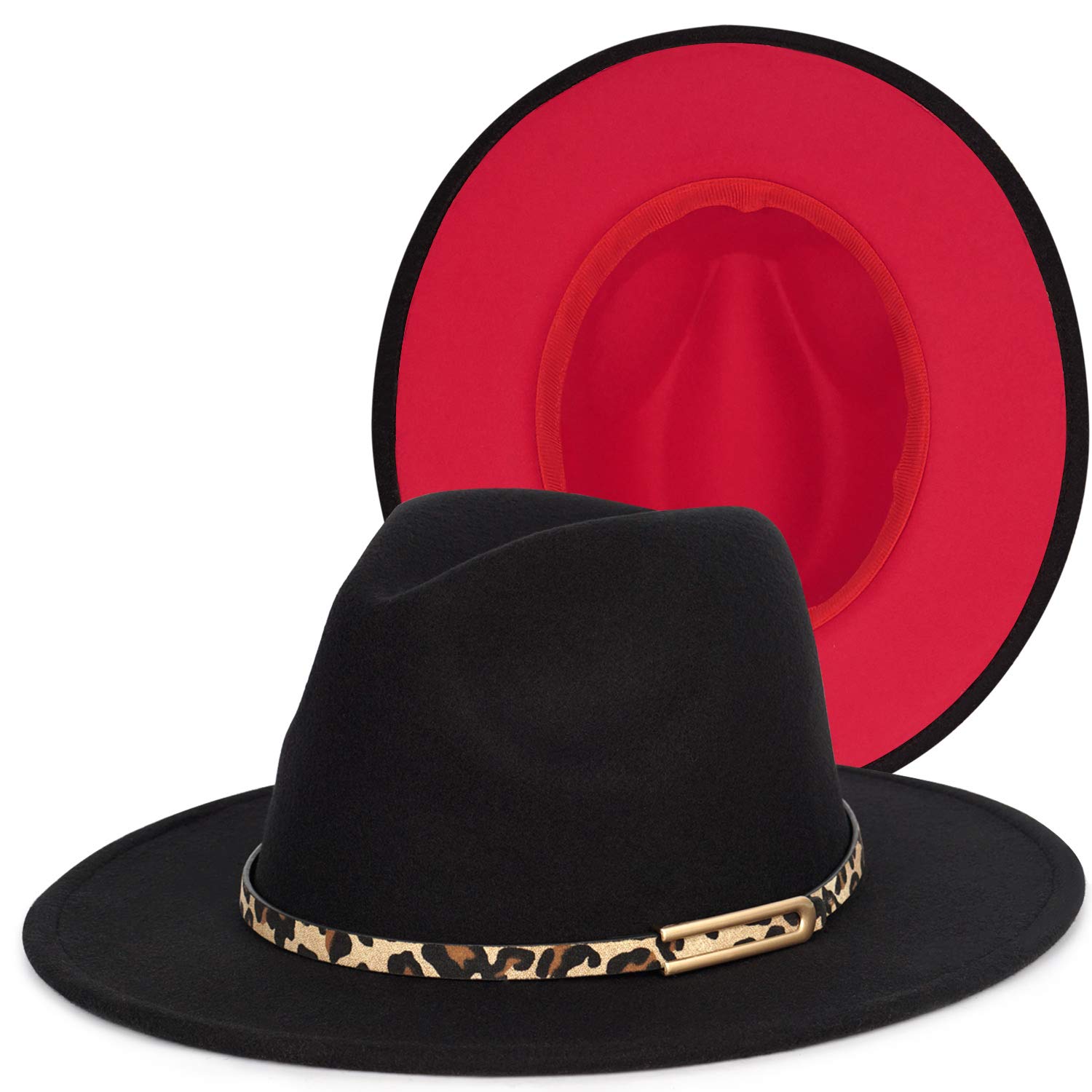FADACHY Women's & Men's Two-Tone Fedora Hat with Wide Brim - Stylish Felt Hat with Belt Buckle & Red Bottom - Perfect for Casual Outfits, Outdoor Events & Fashion Accessories