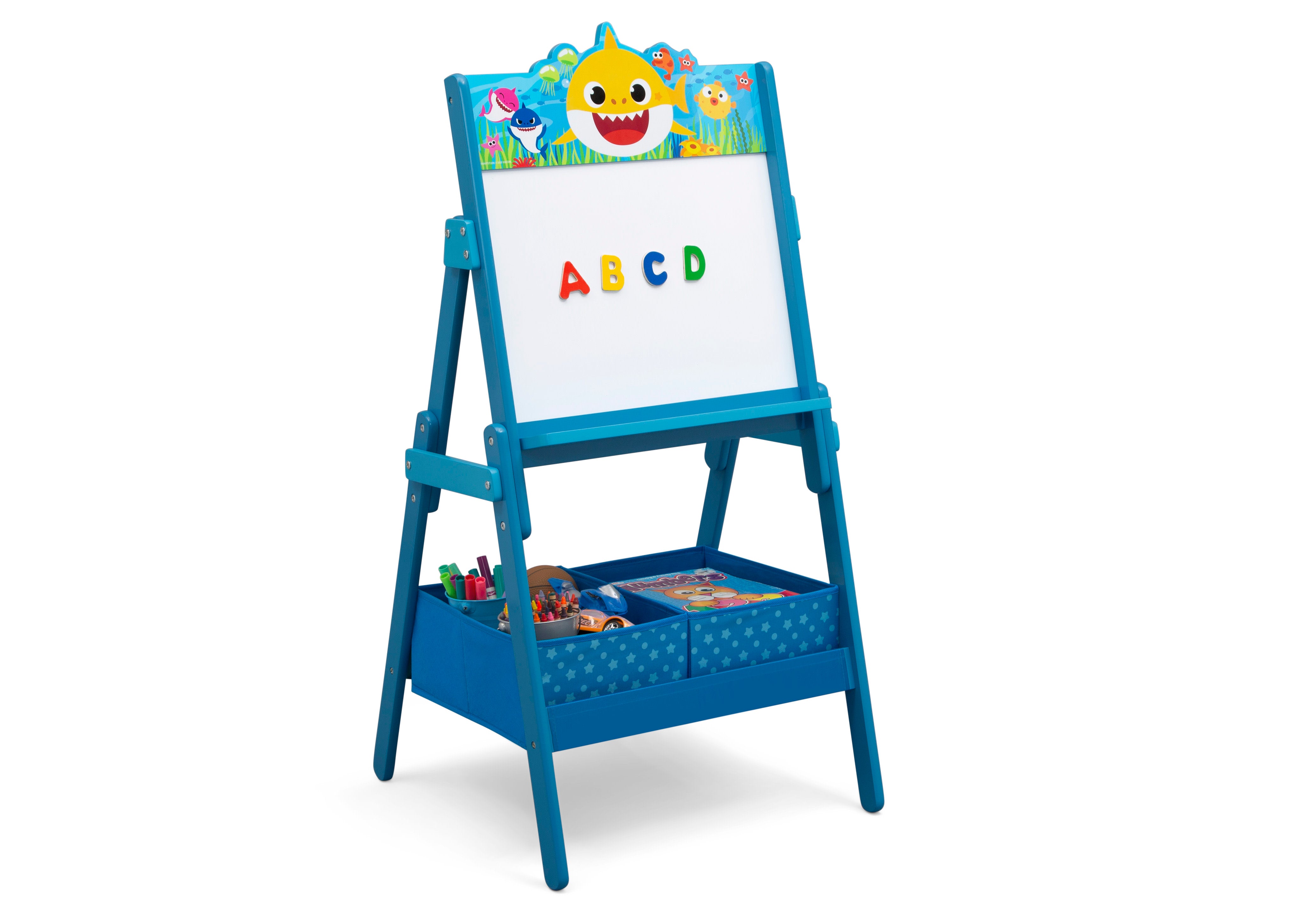 Baby Shark Wooden Activity Easel with Storage - Kids Art Easel with Chalkboard & Whiteboard - Perfect for Home, Classroom & Preschool Learning Activities