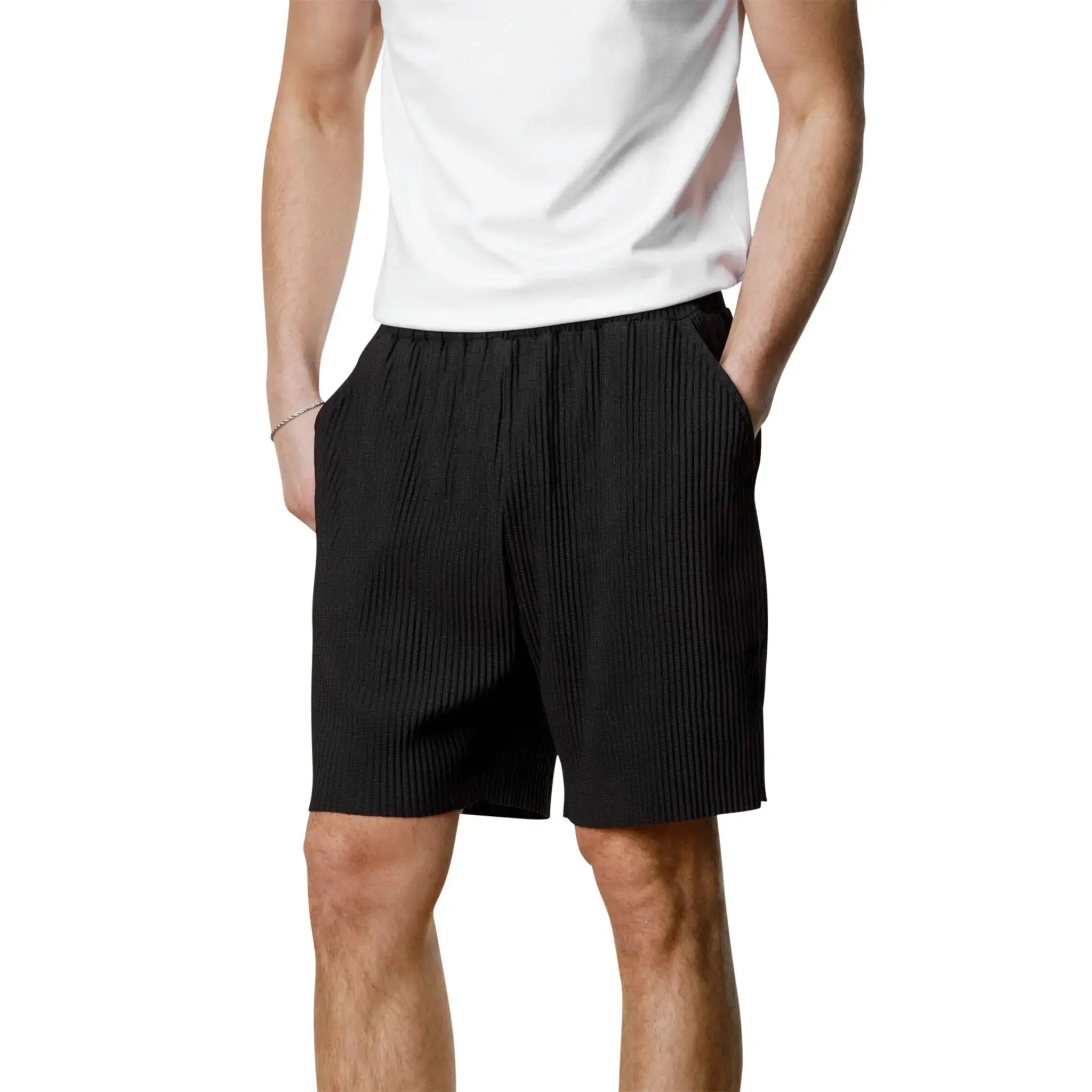 Belier Pleated Black Resort Shirt & Shorts Set - Stylish Summer Vacation Outfit for Men - Perfect for Beach, Poolside, and Tropical Getaways
