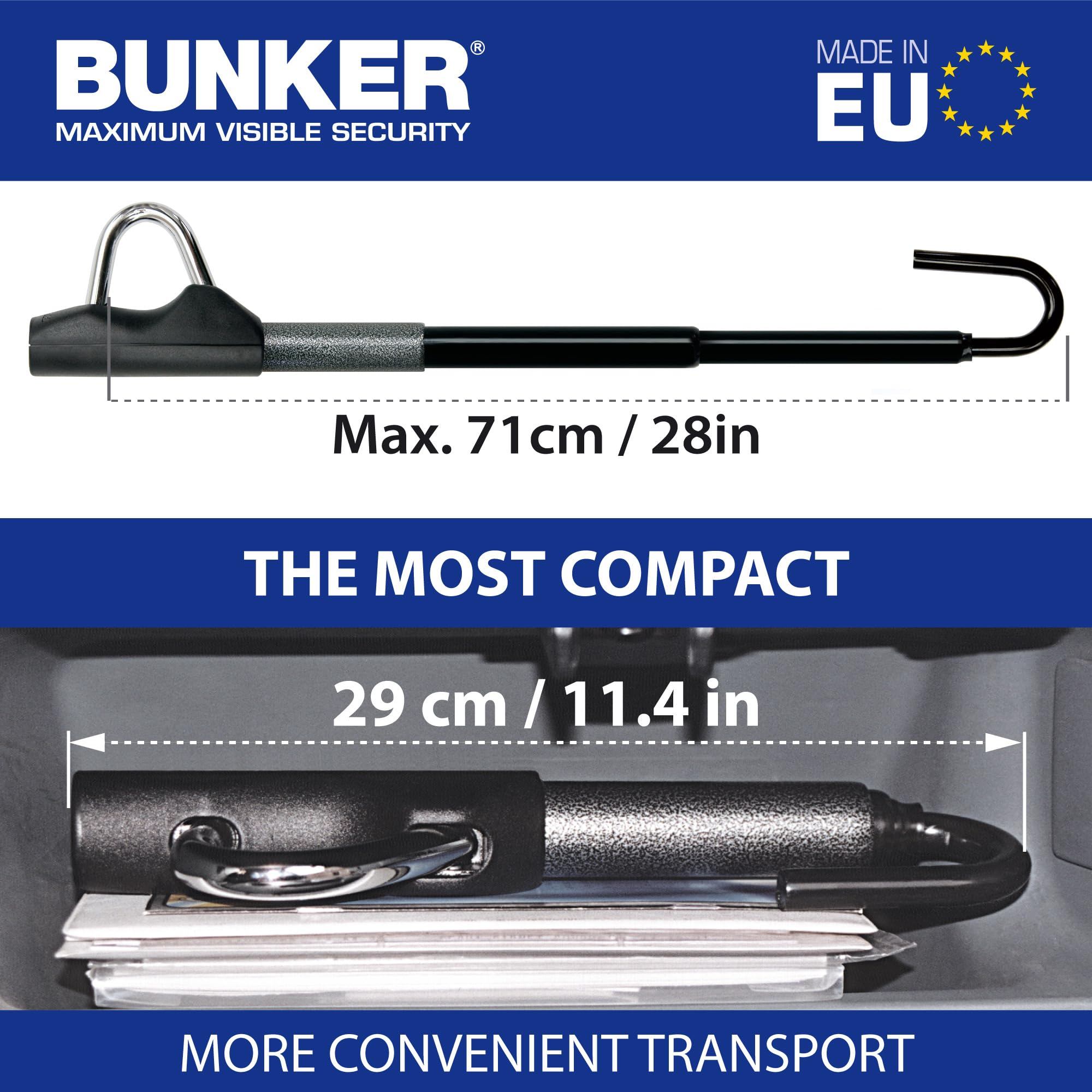 Bunker BT29 Heavy Duty Universal Anti-Theft Steering Wheel Brake Pedal Lock - Compact Telescopic Design for Cars, Trucks, Vans & RVs | Secure Parking, Travel Protection & Vehicle Security Solution