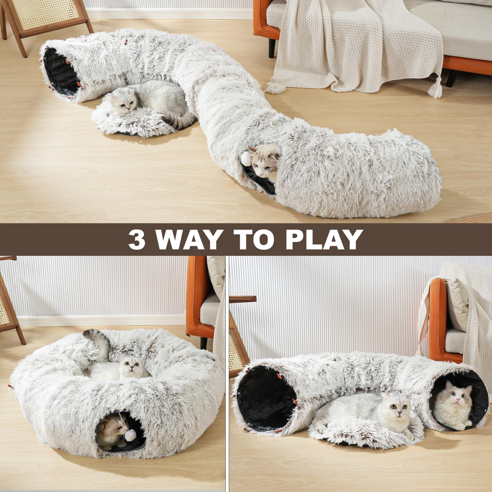 Cat Tunnel Bed for Indoor Cats - Donut Shaped Play Tube with 6 Snap Fasteners & Included Cat Toys | Peekaboo Hideaway for Kittens, Rabbits & Ferrets | Perfect for Playtime, Napping & Small Pet Enrichment