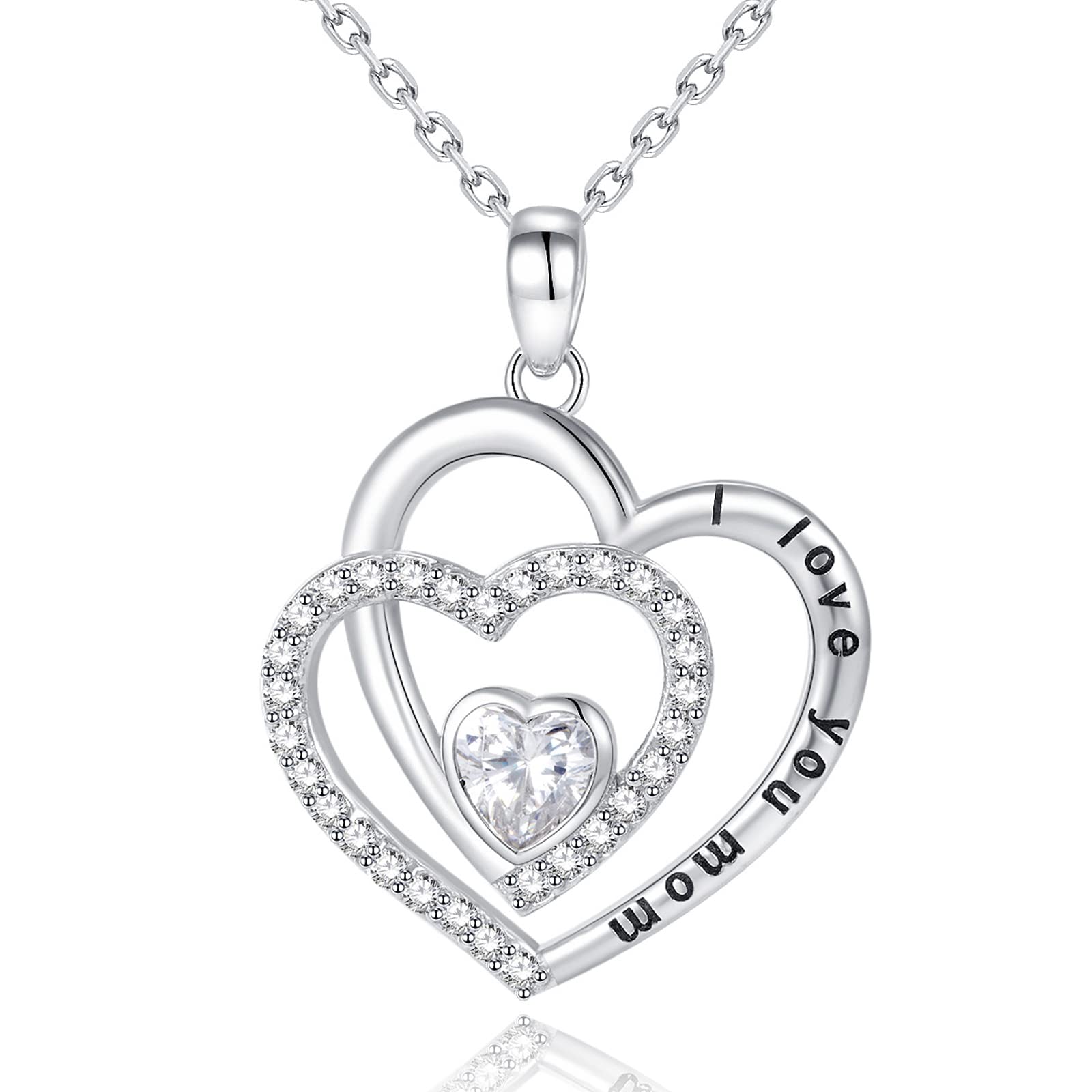 LANE WOODS Mother's Day Necklace Gift for Mom - White Gold Plated 925 Sterling Silver Heart Engraved Pendant Jewelry | Thoughtful Present from Daughter or Son | Perfect for Birthday, Anniversary & Special Occasions