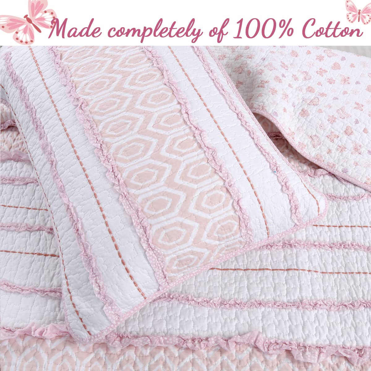 Pink Ruffle Butterfly Reversible 100% Cotton Quilt Bedding Set - Twin Size 4 Piece (1 Quilt + 1 Sham + 2 Pillows) | Soft Cozy Bedspread Coverlet for Girls Room & Teen Bedroom Decor | Perfect for Spring, Summer & Dorm Essentials