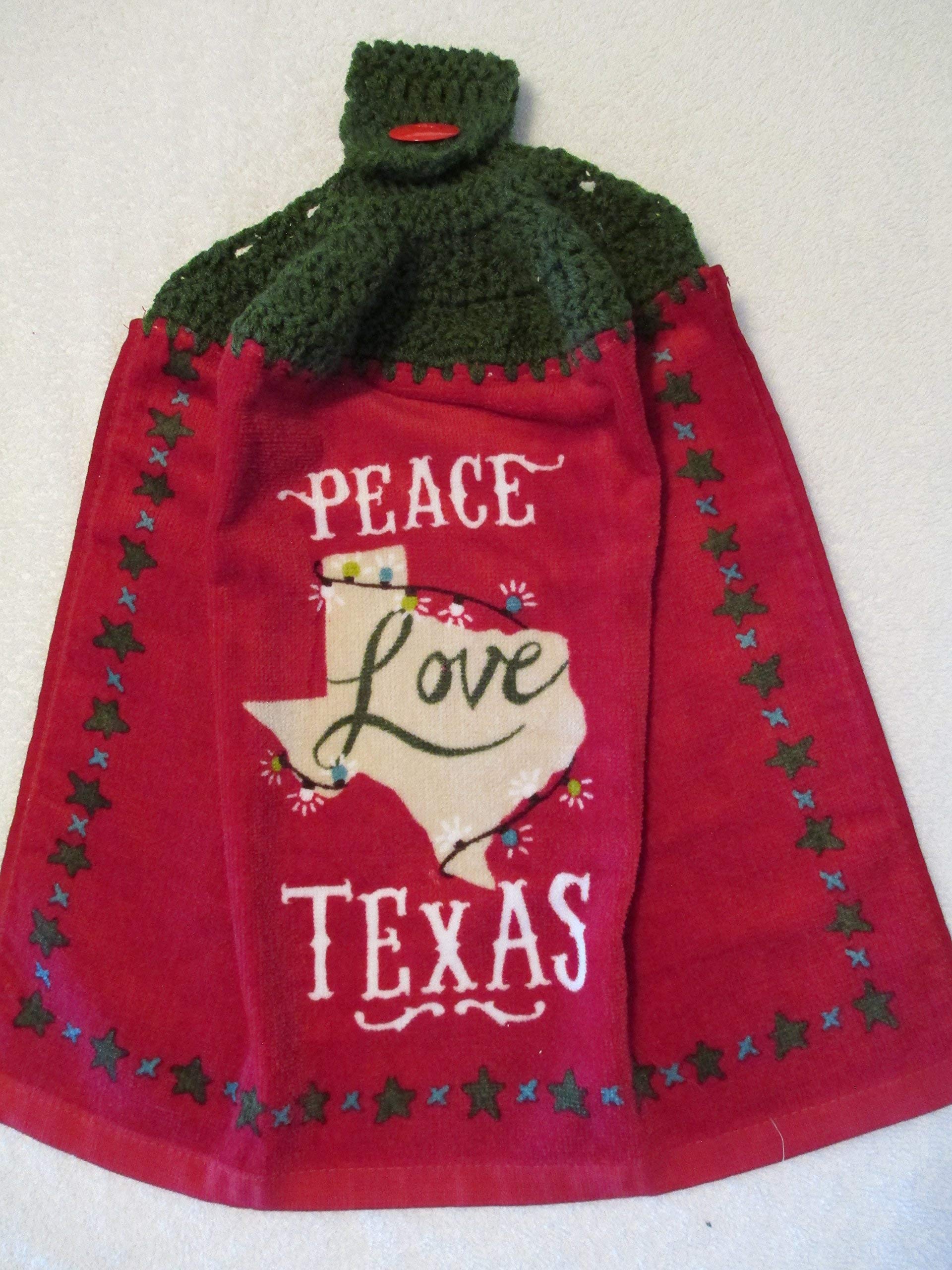Handmade Crocheted Christmas Kitchen Towel - Peace, Love & Texas Holiday Design with Dark Green Yarn - Perfect for Festive Decor, Gift Giving & Farmhouse Style Kitchens