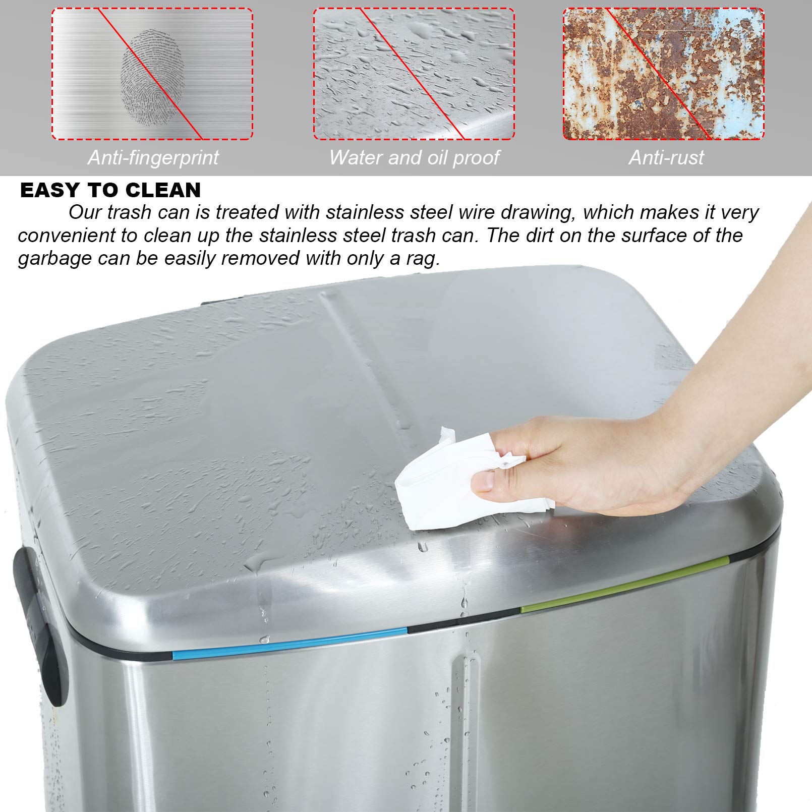 10 Gallon 40L Stainless Steel Step Trash Can with Lid - Heavy Duty Metal Garbage Bin for Office, Kitchen, Bathroom & Outdoor Use - Includes 2 Removable Liner Buckets for Easy Waste Disposal & Recycling