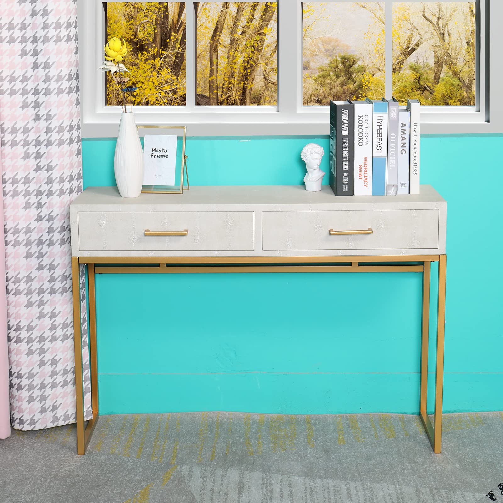 Faux Leather Console Table with 2 Drawers - 42