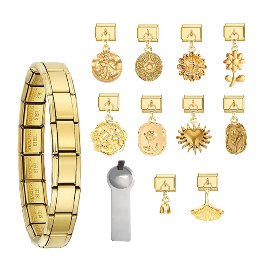 Gold Italian Charm Bracelet Set for Women - DIY Handmade Jewelry with Starter Bracelet, Assorted Charms & Opening Tools | 9mm Modular Gold Link Bracelet for Everyday Wear, Gifts & Special Occasions