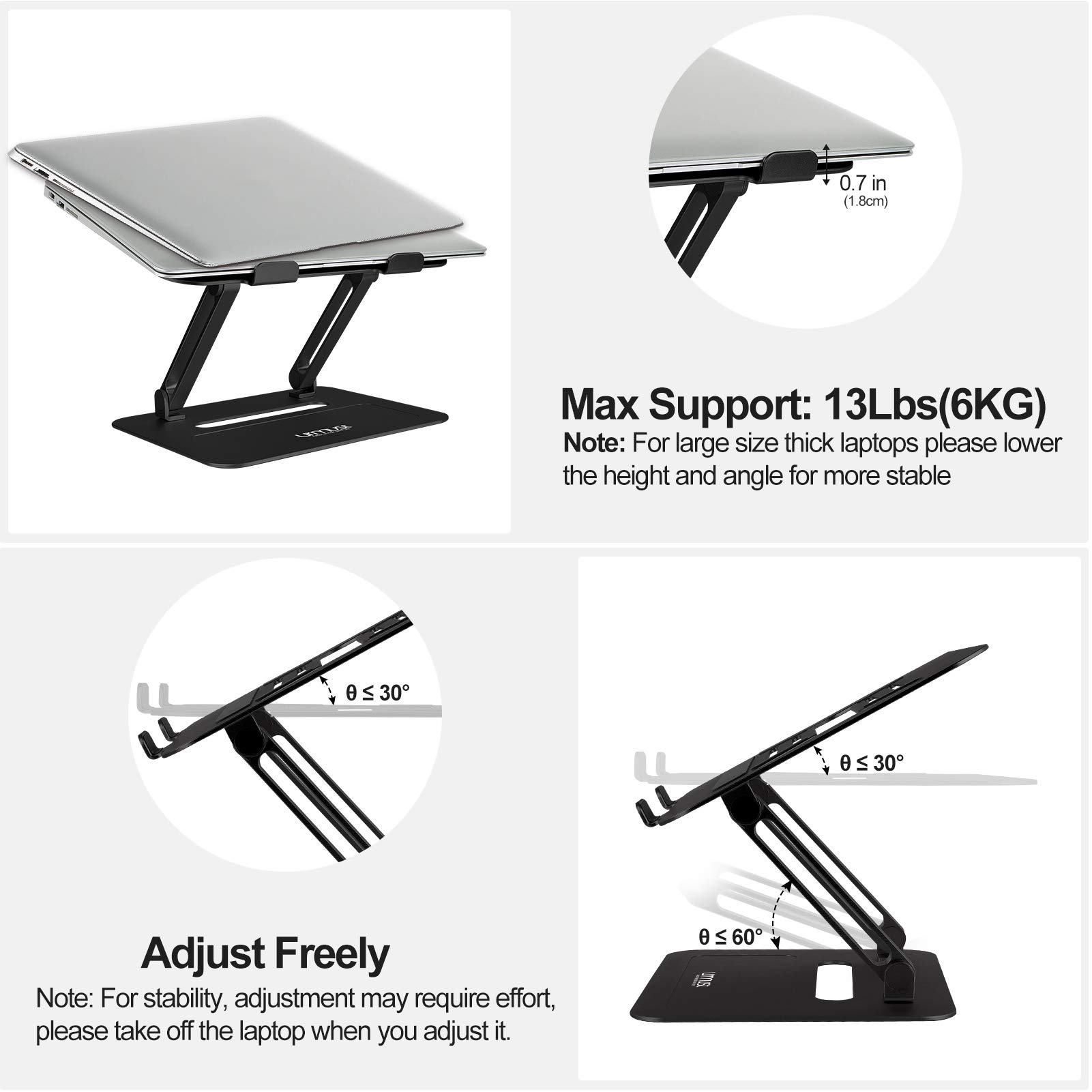 Urmust Adjustable Aluminum Laptop Stand for Desk - Ergonomic Computer Riser Holder for MacBook Air/Pro, Ultrabooks & All 11-17 Inch Laptops (Black) | Perfect for Home Office, Gaming & Workspace Setup