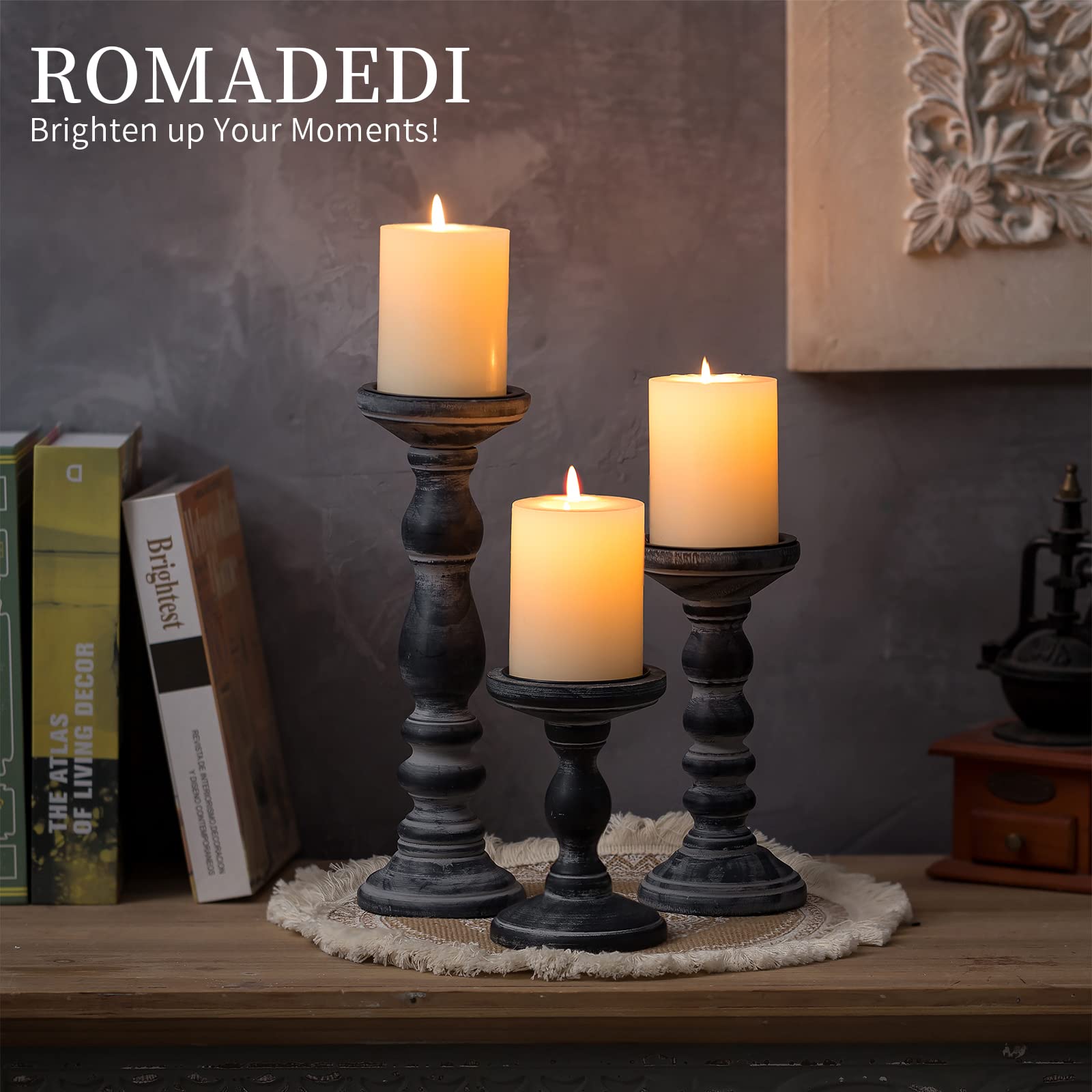 Romadedi Set of 3 Rustic Wooden Candle Holders for Pillar Candles - 6