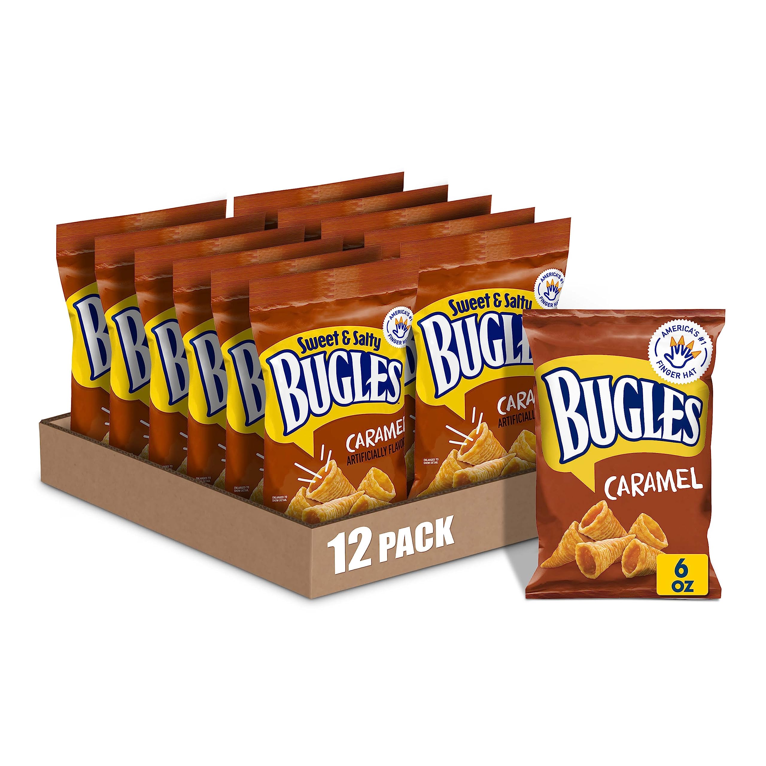 Bugles Crispy Corn Snacks, Sweet & Salty Caramel Flavor, 6oz Snack Bags (Pack of 12) - Perfect for Parties, Movie Nights & On-the-Go Snacking