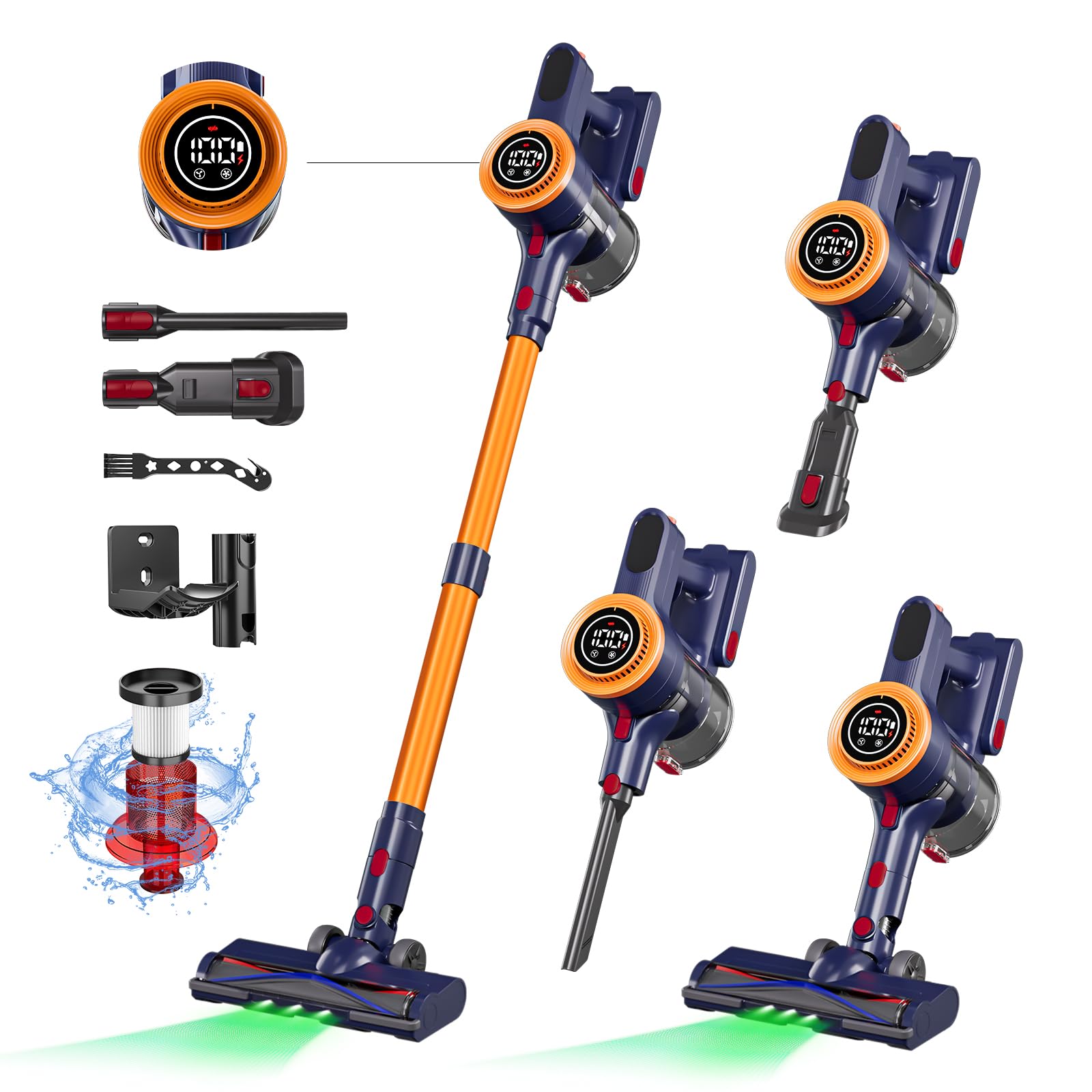 35kPa Strong Suction Cordless Vacuum Cleaner with 2200mAh Removable Battery - 6-in-1 Lightweight Handheld Stick Vacuum for Carpets, Hard Floors & Pet Hair - Anti-Tangle & Portable Design - Perfect for Home Cleaning, Car Detailing & Pet Hair Removal (Orange)