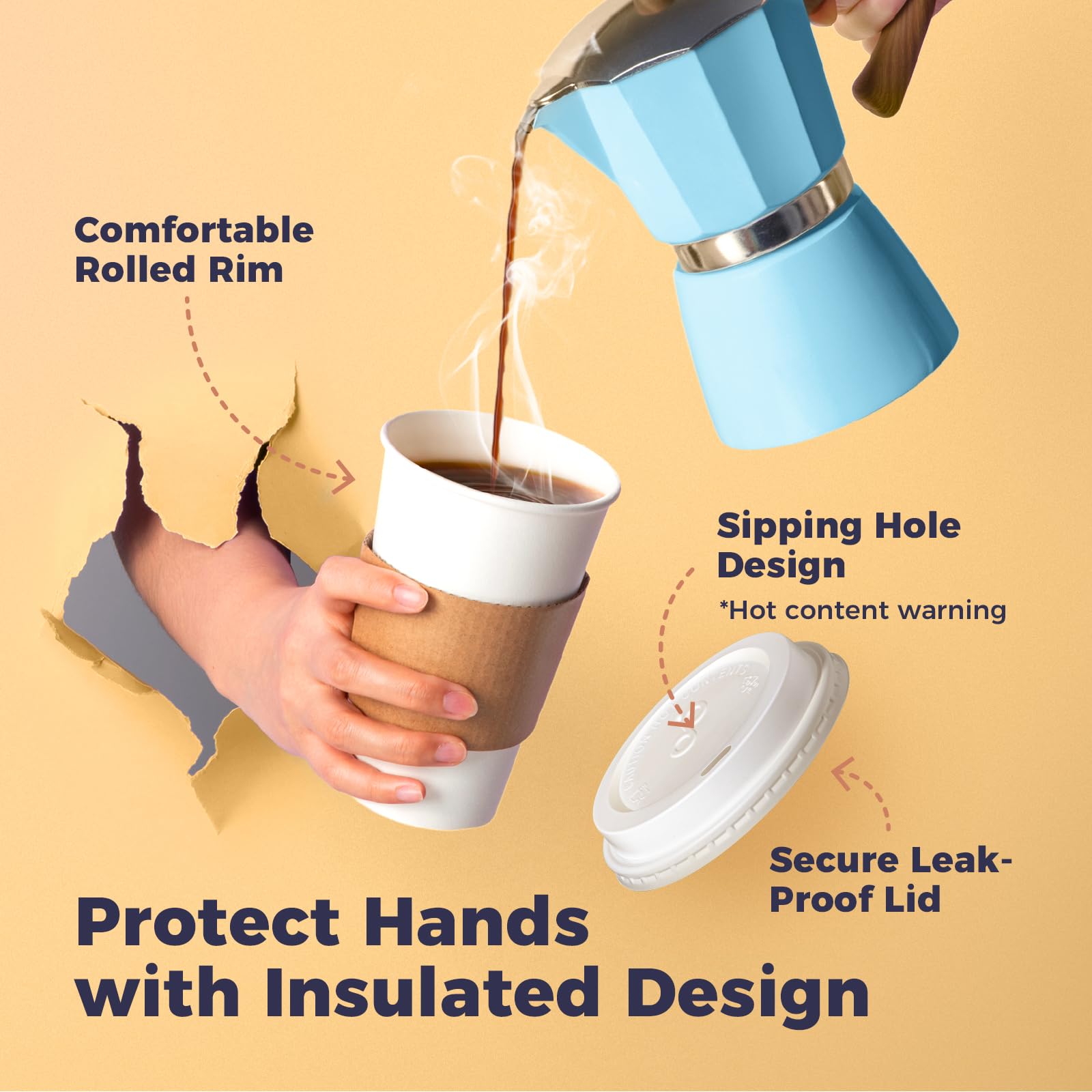 50 Pack 12oz Disposable Coffee Cups with Lids & Sleeves - Leak-Proof Hot Paper Cups for Coffee, Tea, Hot Chocolate - Ideal for Home, Office, Cafes, Parties & Takeout Businesses | BPA-Free & Durable