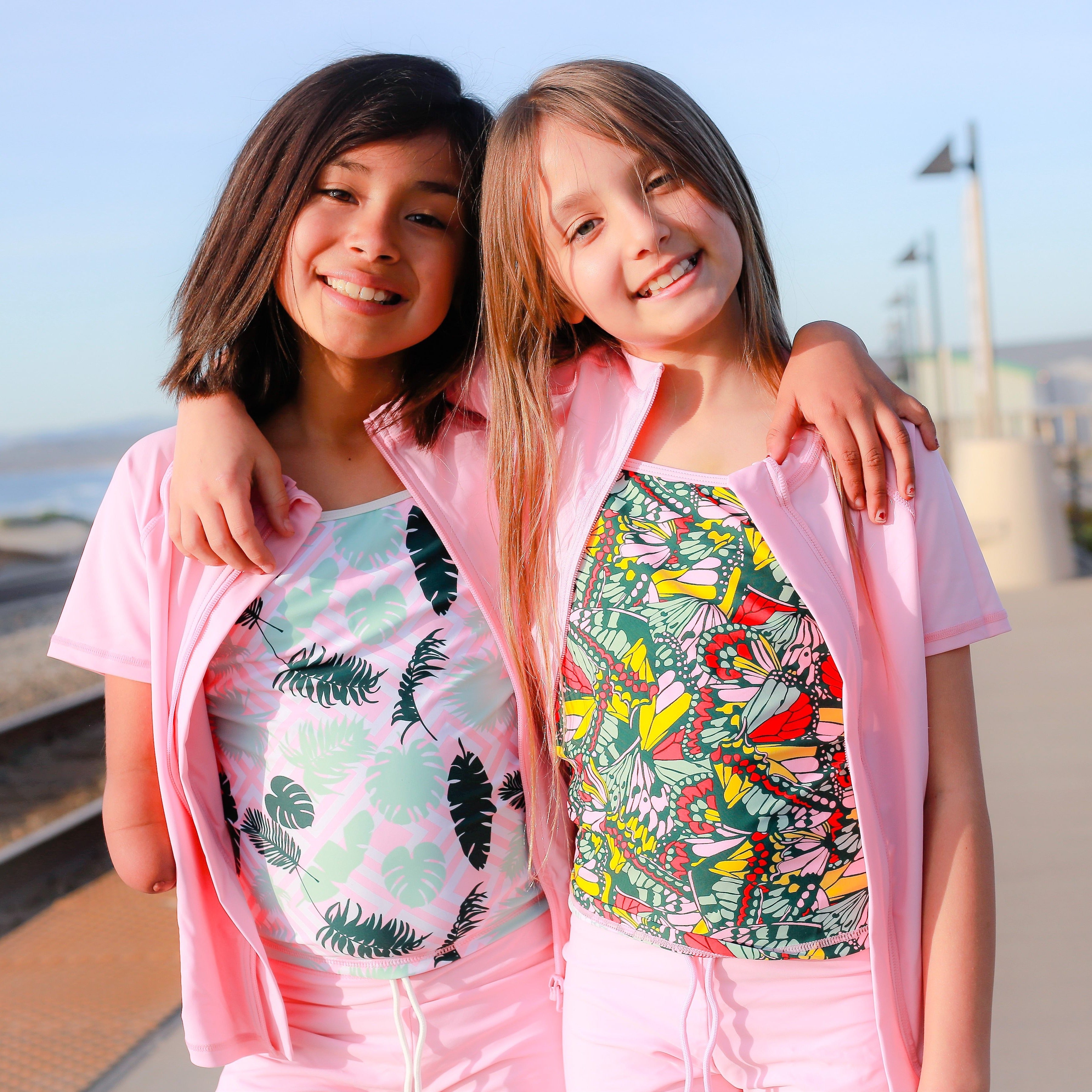Girls 3-Piece Short Sleeve Rash Guard & Tankini Shorts Set - Butterfly Love Print - UV Protection Swimwear for Beach, Pool & Summer Water Activities