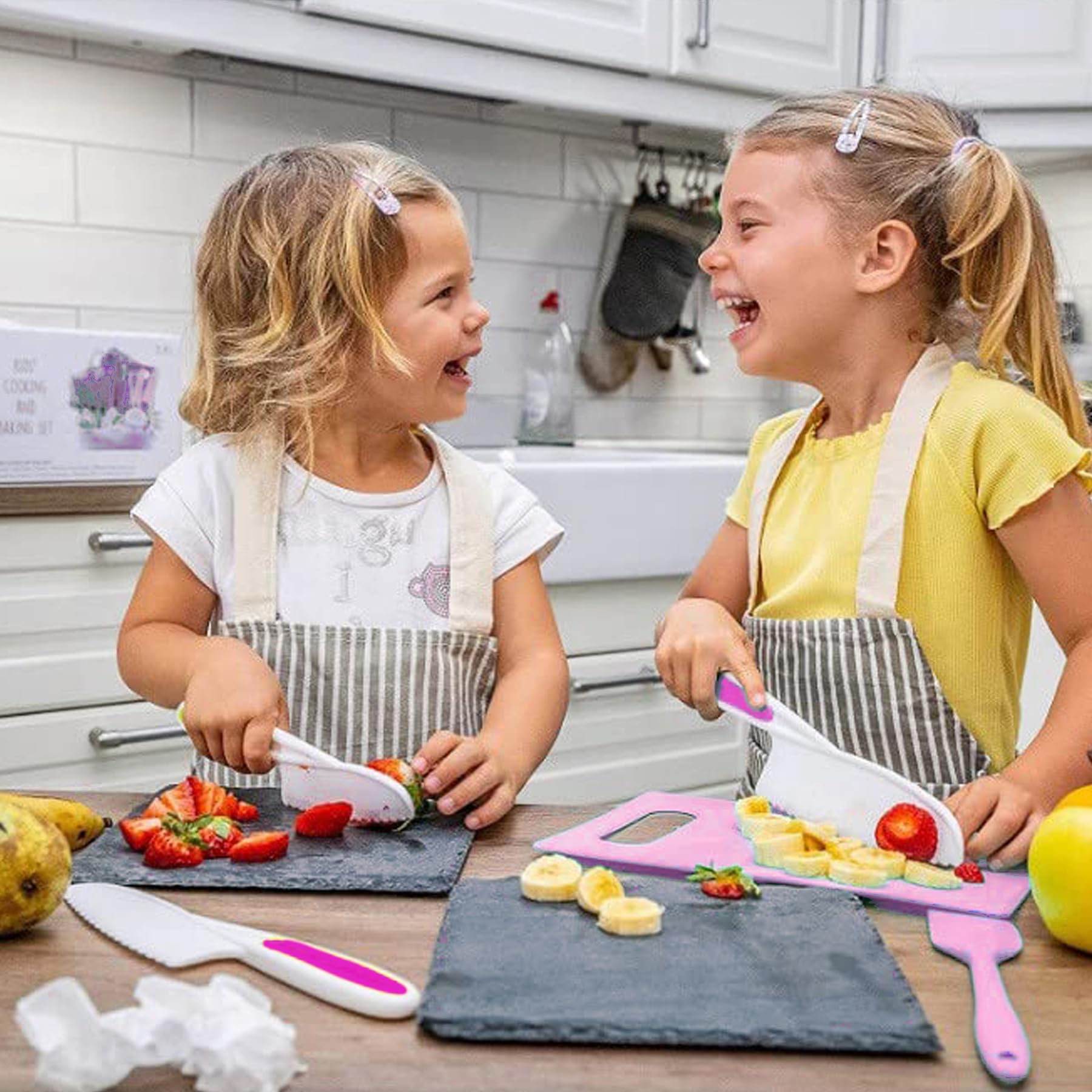 Montessori Toddler Kitchen Knife Set - Safe Plastic Serrated Edge Kids Knives with Cutting Board for Real Cooking - Perfect for Early Learning and Family Meal Prep