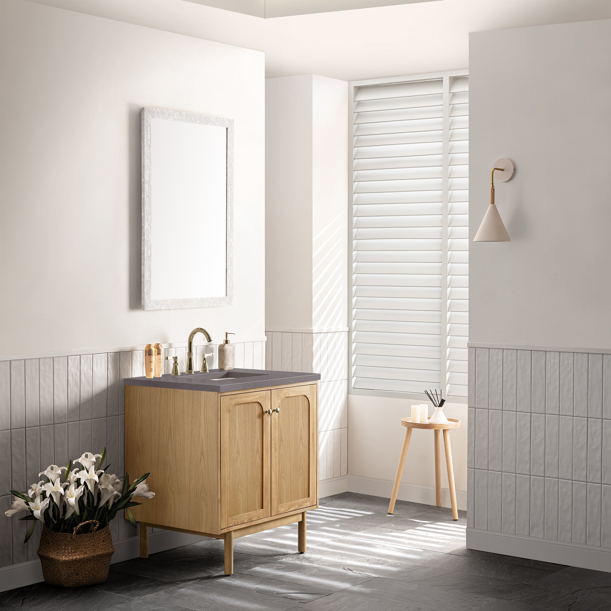 Laurent 30-Inch Single Bathroom Vanity in Light Natural Oak with 3CM Grey Expo Top – Perfect for Modern Master Bathrooms & Powder Rooms