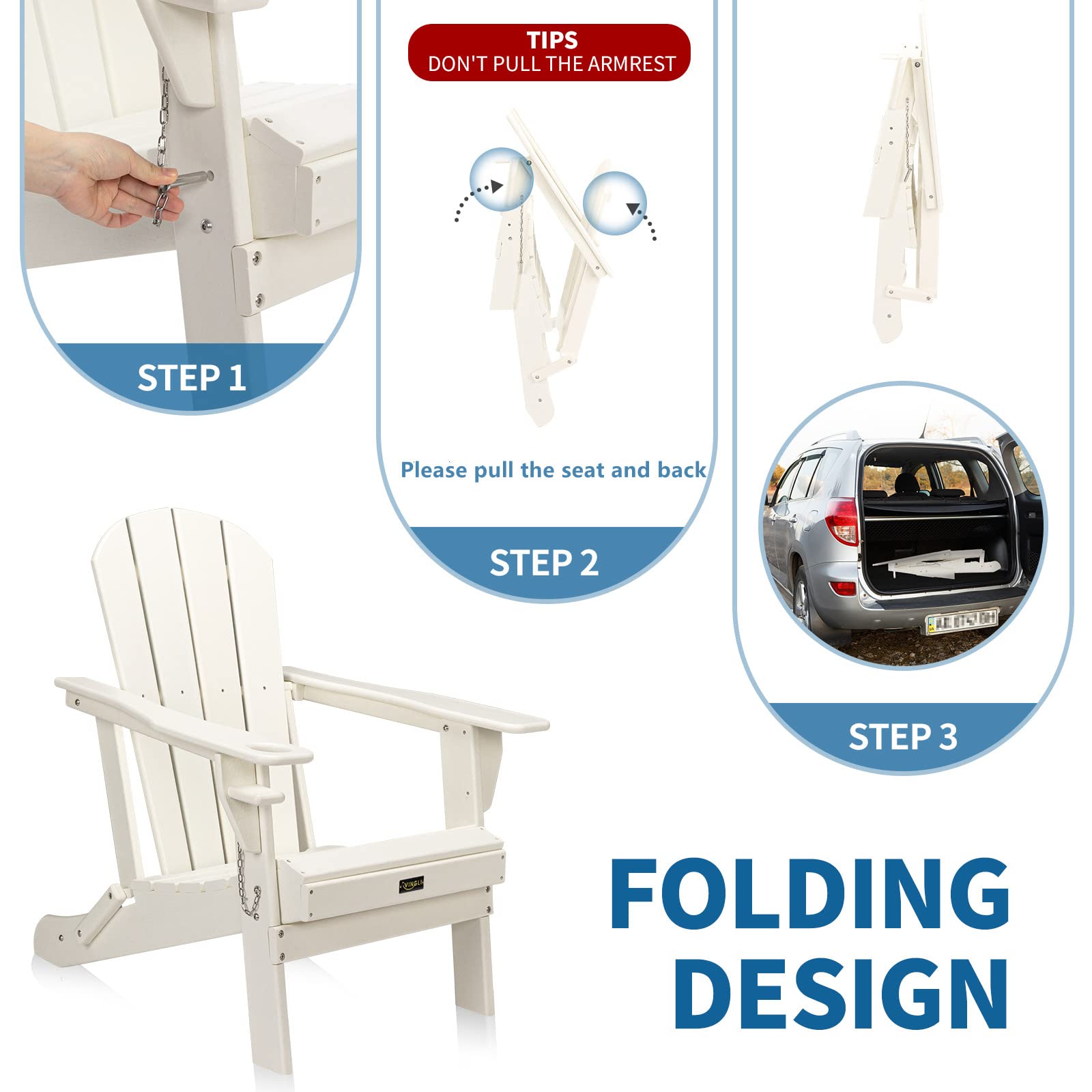 VINGLI 2-Piece Plastic Adirondack Chair Set with Folding Table - Outdoor Patio Furniture with Cup Holders, Waterproof HDPE Material, 380lb Weight Capacity - Perfect for Poolside, Garden, Backyard, and Firepit Relaxation (White)