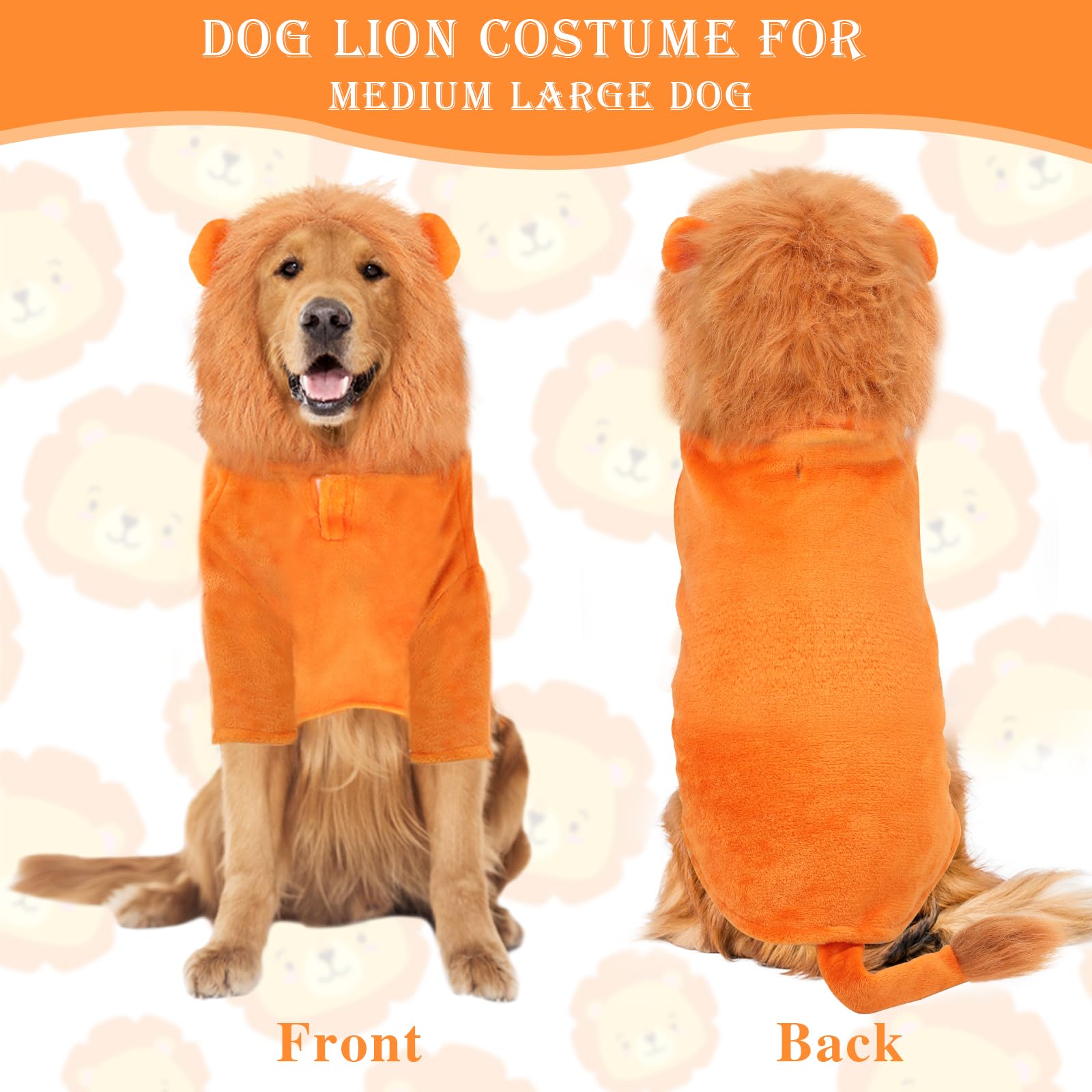 Rypet Large Dog Lion Costume - Halloween Pet Outfit with Leash Hole & Mane Hoodie - Lion Cosplay Costume for Medium to Large Dogs - Perfect for Halloween Parties, Pet Parades & Costume Contests