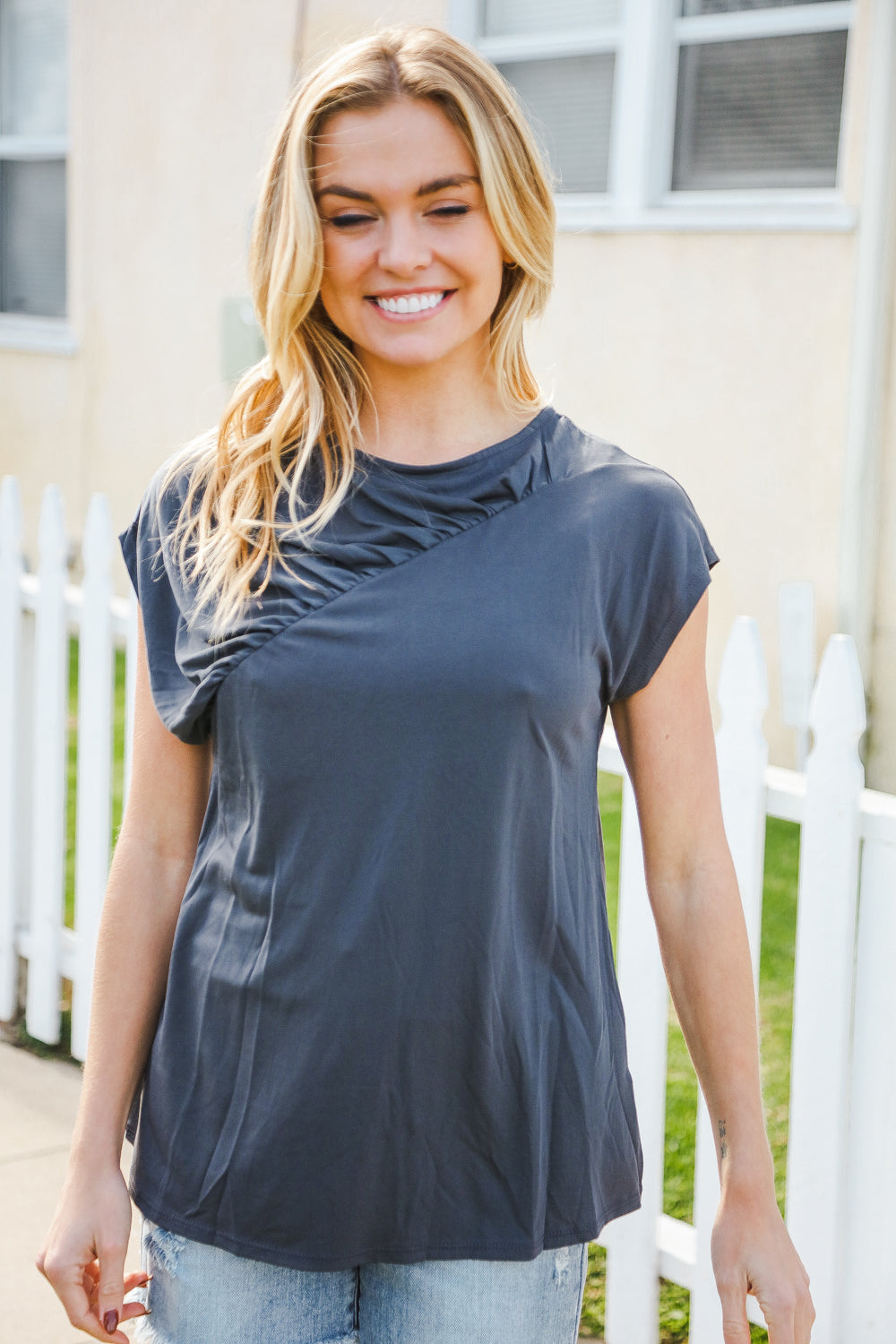 Stylish Charcoal Asymmetrical Drop Shoulder Modal Top - Comfortable & Trendy Women's Blouse for Casual Outings & Date Nights