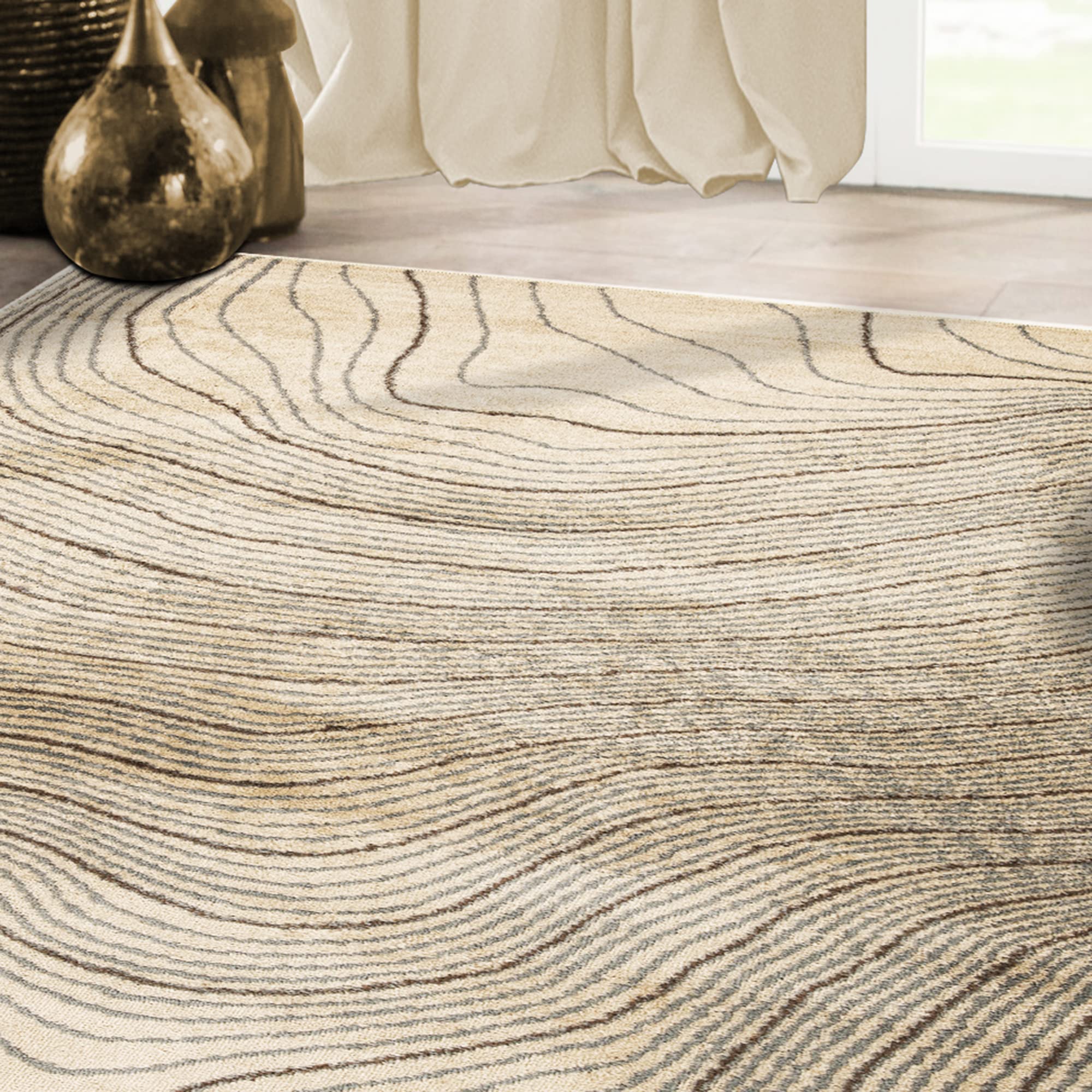 Premium Plush Indoor Area Rug - Soft High-Traffic Carpet with Jute Backing | Modern Abstract Wood Grain Design | 8' x 10' Beige Veer Collection | Perfect for Hallways, Entryways, Living Room, Office & Kitchen Decor
