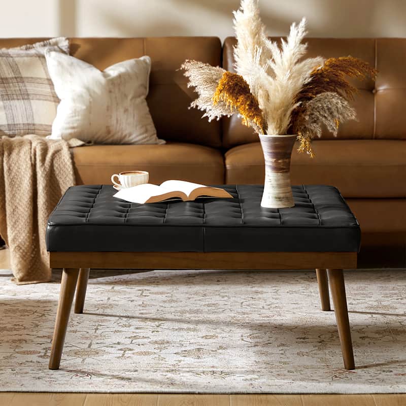 Elisa Mid Century Modern Genuine Leather Ottoman Footrest - Stylish Living Room Accent for Home Decor & Lounge Comfort
