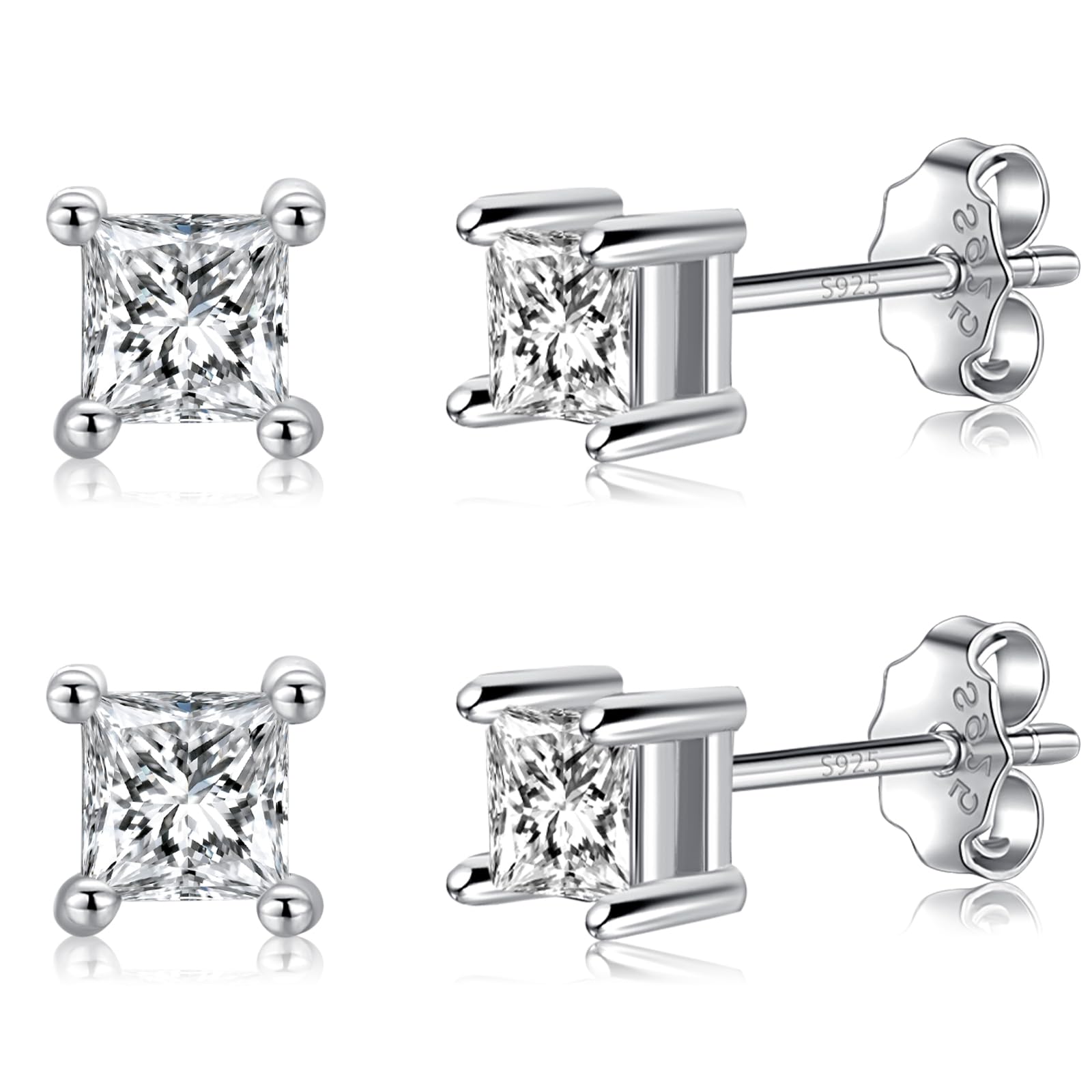 2 Pairs 925 Sterling Silver Stud Earrings for Women & Men - Small Square Cubic Zirconia Hypoallergenic Earrings - Tiny Sleeper Earrings Jewelry Gift for Birthday, Christmas, Anniversary - Perfect for Everyday Wear, Work & Special Occasions