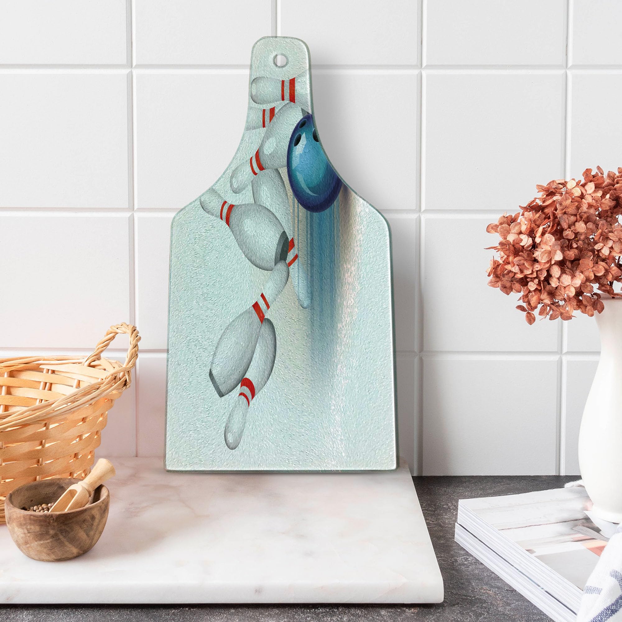 Ambesonne Bowling Party Tempered Glass Cutting Board - Wine Bottle Shape with Thrown Ball & Scattered Pins Design in White, Pale Blue & Red | Perfect for Serving Charcuterie, Cheese & Wine at Bowling-Themed Parties & Game Nights