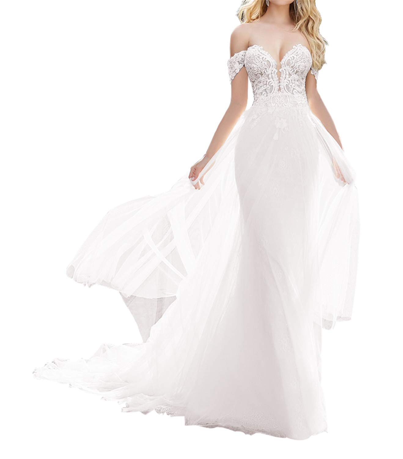 Elegant Off Shoulder Beach Wedding Dress with Lace & Tulle - A-Line Bridal Gown for Romantic Beach Ceremonies & Destination Weddings | Perfect for Boho, Vintage & Outdoor Weddings
