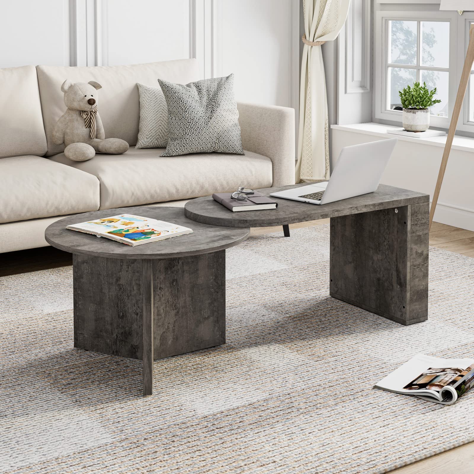 YITAHOME Modern Nesting Coffee Table Set of 2 - 360° Rotating Round Center Table & Wooden Rectangle Living Room Table - Rustic Farmhouse 2-in-1 Cocktail Tables for Living Room, Home Office (Grey) - Perfect for Small Spaces, Entertaining Guests & Stylish Home Decor
