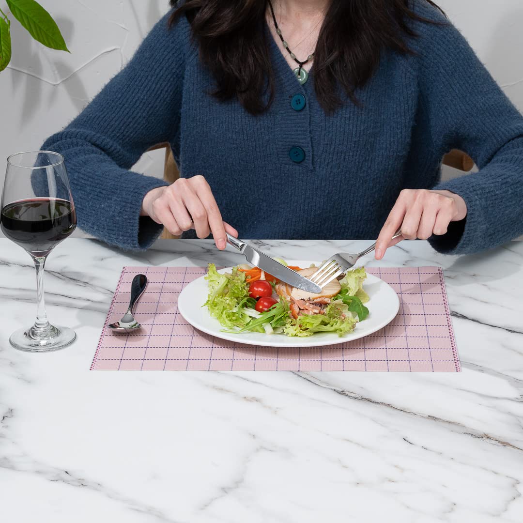 Premium 16x12 Inch Woven Vinyl Placemats Set of 6 - Stain-Resistant, Easy Clean Rectangle Table Mats for Dining Room, Kitchen & Restaurant Use - Pink Home Decor