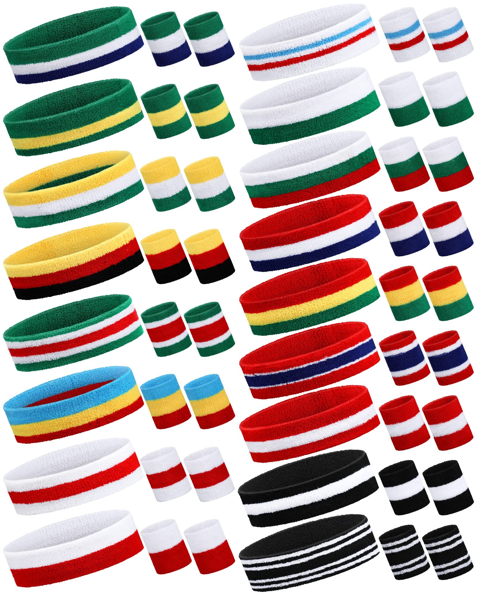 17 Pack Striped Polyester Cotton Sweatbands - Sports Headbands & Wristbands for Men, Women & Kids | Sweat Absorbing Workout Bands for Basketball, Soccer, Gym, Tennis & Running | Perfect for Fitness, Sports & Costume Accessories